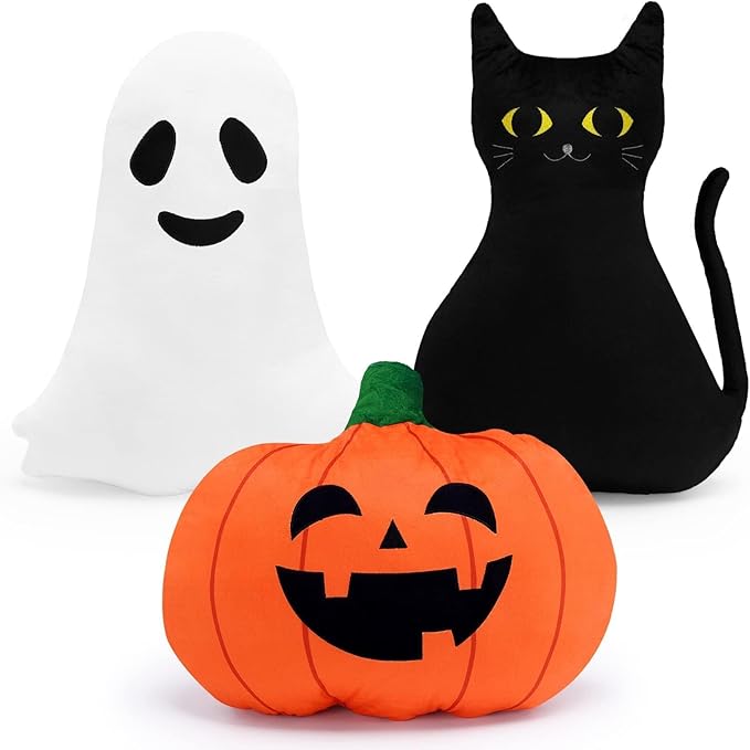 Percozzi Halloween Ghost Throw Pillow, Sofa Decorative Throw Pillow, Cuddly Pumpkin Black Cat Shaped Stuffed Pillow, Furry Spooky Ghost Plush Modern Home Decor