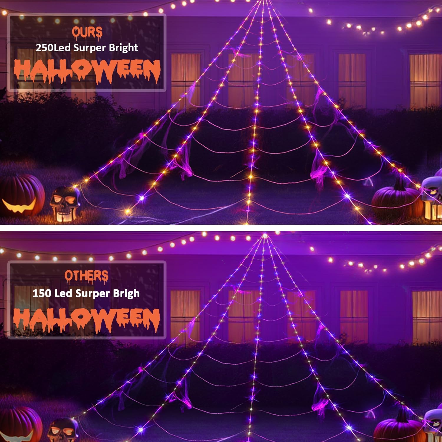 Spider Web Lights Halloween Decoration Outdoor - 250 Purple & Orange LED, 8 Lighting Modes, 16FT Giant Spider Web for Yard, Outside