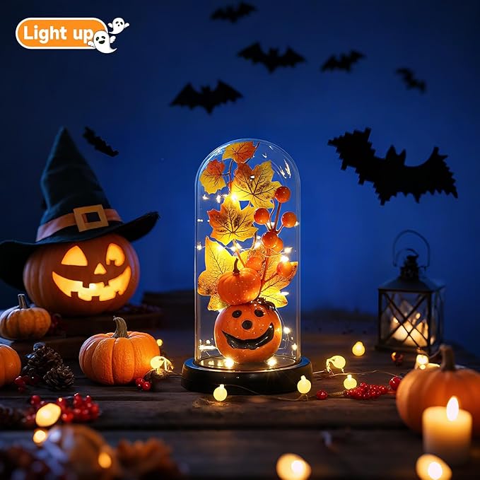 Halloween Decor -Jack-o'-Lantern- Decorations Indoor - Adorably Spooky Light-Up Pumpkin in Glass Cloche, Glowing Smiling Face Night Light for Home, Mantel & Party Halloween Displays