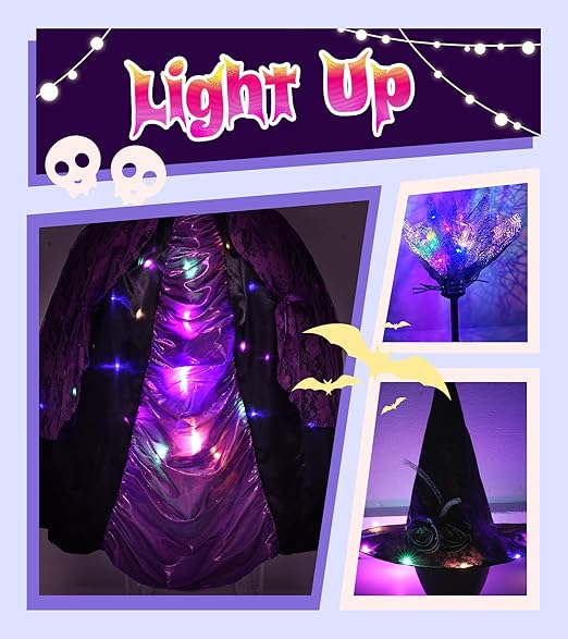 Meland Witch Costume for Girls - Light up Halloween Costumes for Kids Girl Dress up, Witch Dress for Toddler Girls Ages 3-10