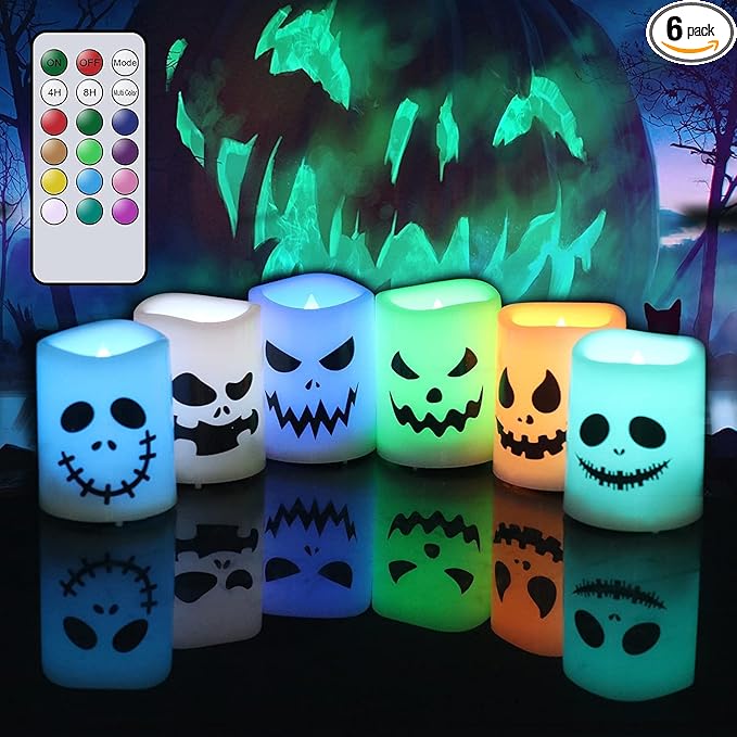 GenSwin Halloween Flameless Votive Candles Color Changing with Remote Timer, Battery Operated LED Tealight Candles for Halloween Home Decoration Gifts(6 Pack, 1.5” x 2”)(Battery Included)