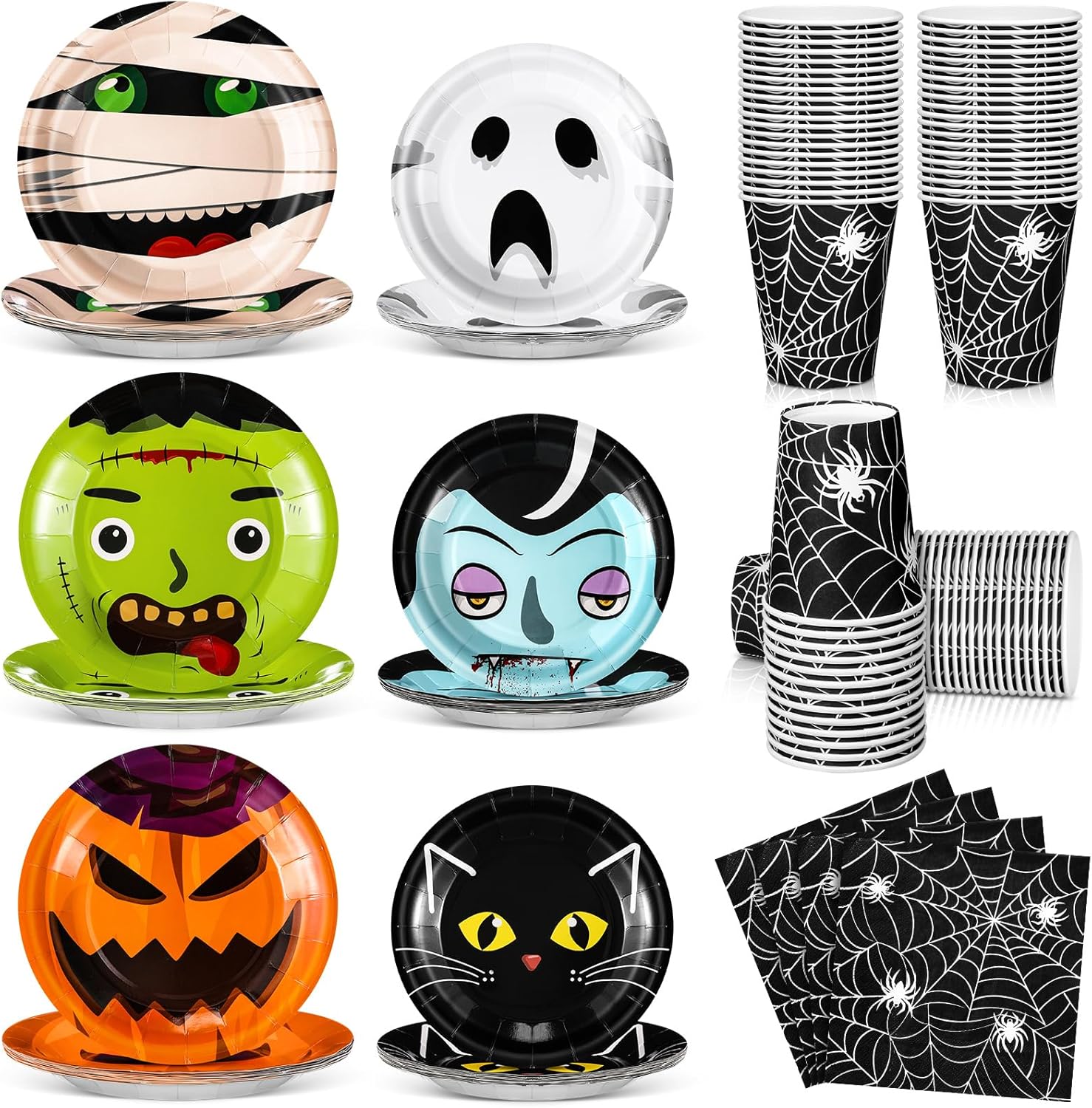240 Pcs Halloween Party Supplies Include Dinner Plates Dessert Plates Spider Web Paper Cups, Napkins Black Cat Pumpkin Ghost Vampire Disposable Tableware Set for Halloween Party Decoration