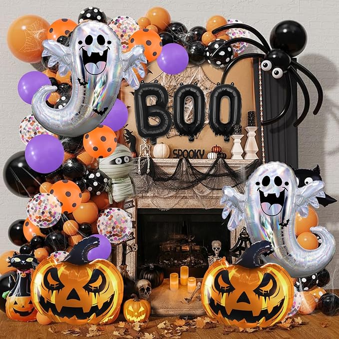 7pcs Halloween Balloons, Huge BOO Ghost Pumpkin Aluminum Foil Balloons for Birthday, Baby Shower, Halloween Party Decorations Supplies