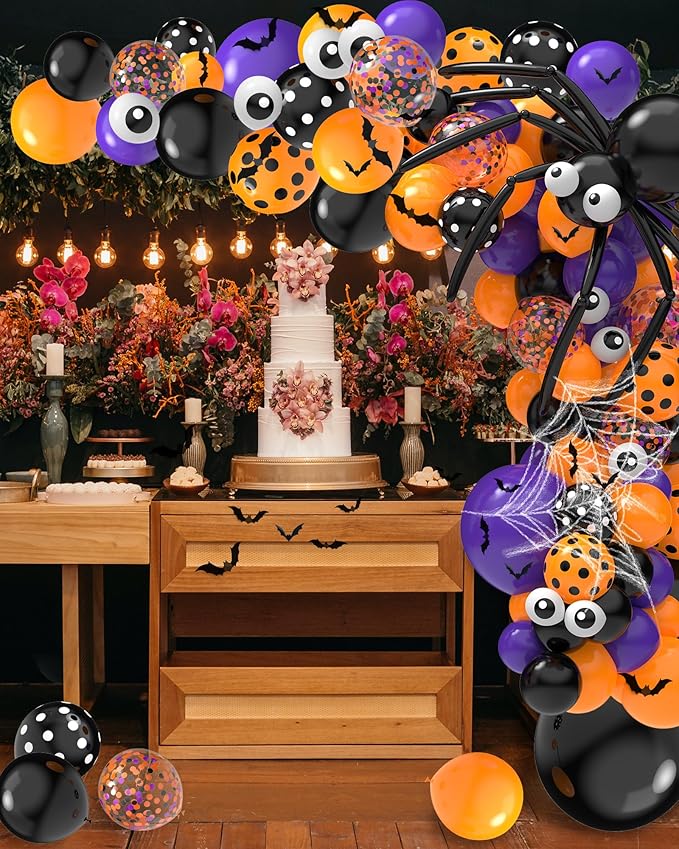 126 Pcs Halloween Balloon Garland Arch Kit, Eye Balloons with Spider Web, Bats, Purple Orange and Black Balloons for Halloween Birthday Supplies Halloween Party Decorations