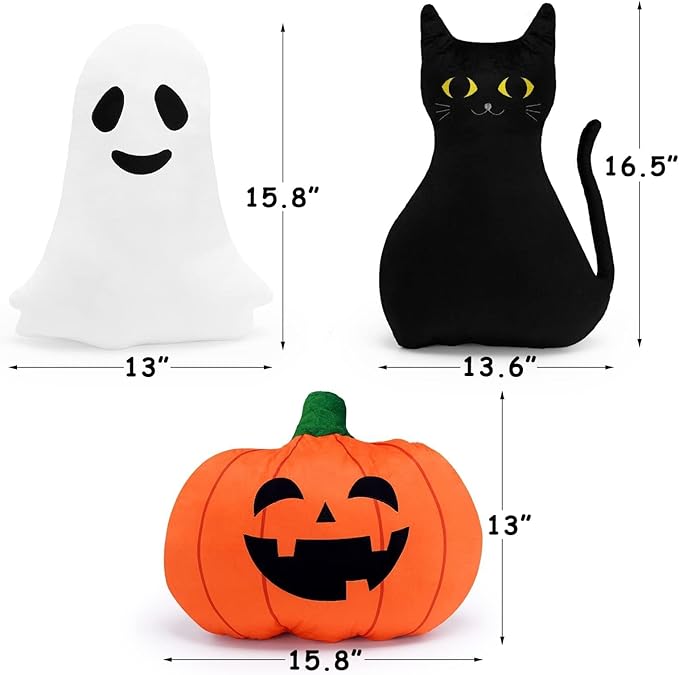 Percozzi Halloween Ghost Throw Pillow, Sofa Decorative Throw Pillow, Cuddly Pumpkin Black Cat Shaped Stuffed Pillow, Furry Spooky Ghost Plush Modern Home Decor