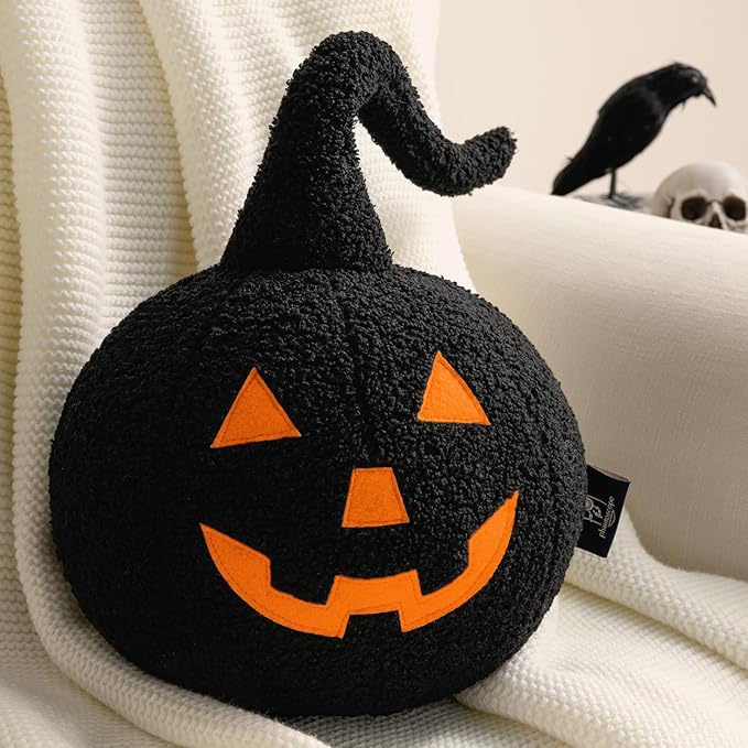 Phantoscope Happy Halloween Pumpkin Shaped Throw Pillow, Teddy Fleece Jack-o’-Lantern Pumpkin Pillow, Ultra Soft Sherpa Fall Decorative Halloween Cushion Pillow, Orange, 9.5 x 9.5 inches