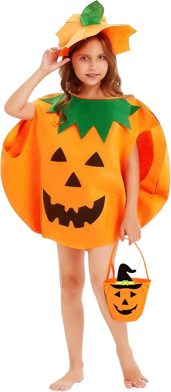 Halloween Kids Pumpkin Costume Set with Poncho, Hat and Treat Bag for Toddler Kids Youth