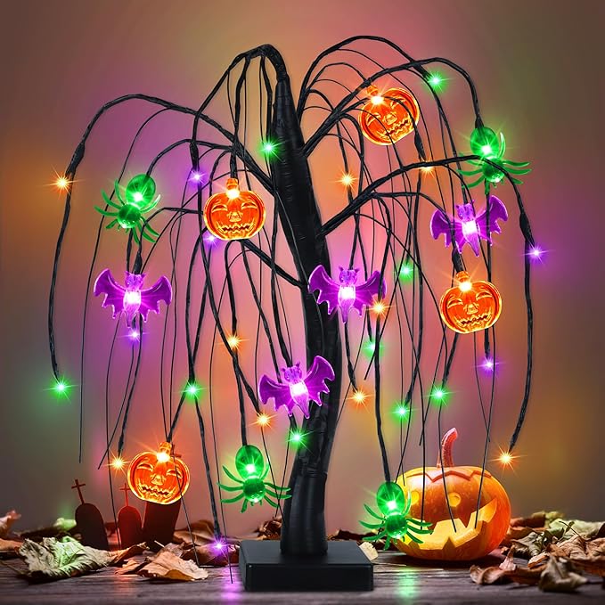 Halloween Table Decor 18 Inch 36 LED Halloween Willow Tree with Pumpkin Bat Spider Lights, Timer/USB/Battery Operated Black Halloween Tree Spooky Halloween Decorations Indoor for Home Party Room Gifts