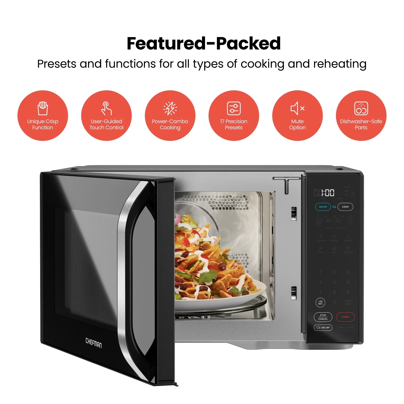 Chefman Microcrisp 1.1 cu. ft. Countertop Microwave Oven + Crisper, 1800 Watts – Black, New