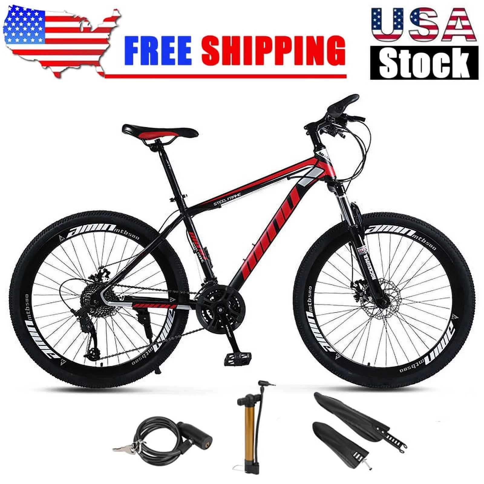 Mountain Bike for for Men and Women, 26-Inch Wheels, 21 Speed Drivetrain and Front Suspension, Dual Disc Brake and Adjustable Stem, Aluminum and Steel Frame, Youth/Adult Mountain Bike