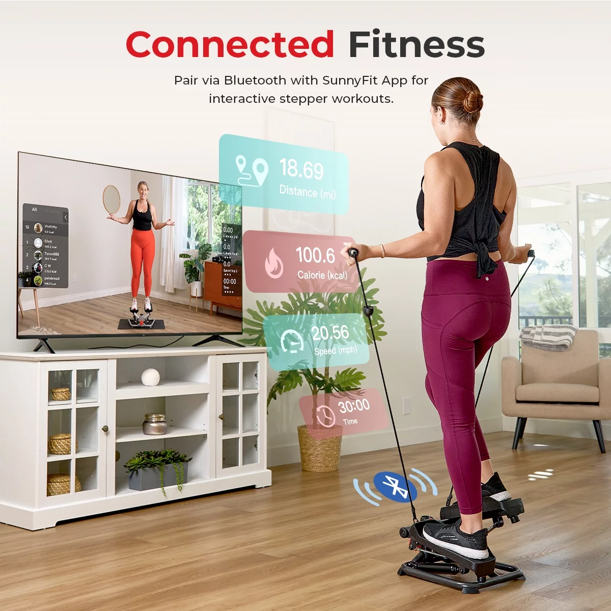 Sunny Health & Fitness Total Body Smart 2-in-1 Stepper Machine, Total Body Workout, Resistance Bands w Optional Smart SunnyFit App