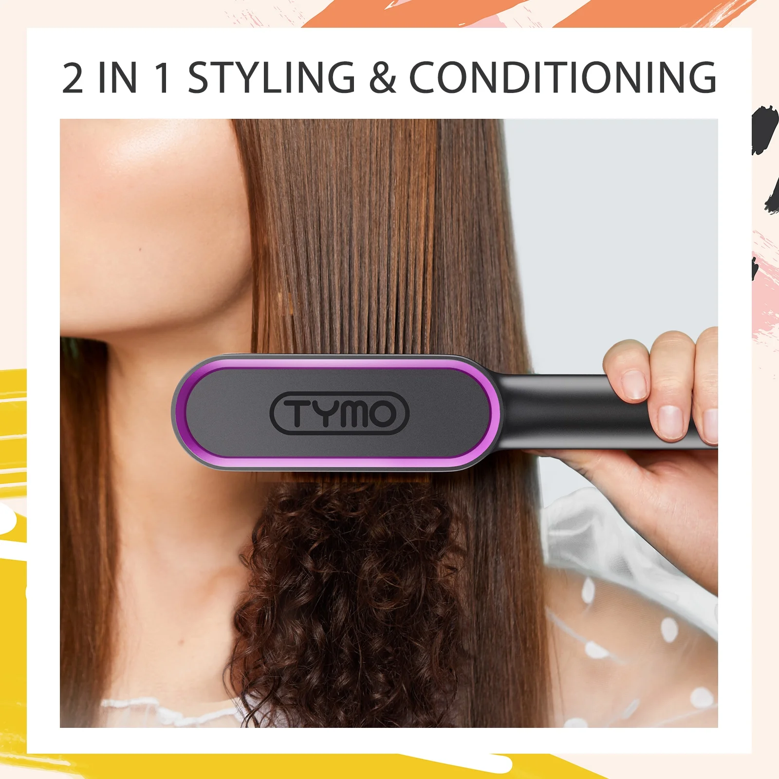 TYMO RING Hair Straightener Brush Black ?C Hair Straightening Iron with Built-in Comb, 20s Fast Heating & 5 Temp Settings & Anti-Scald