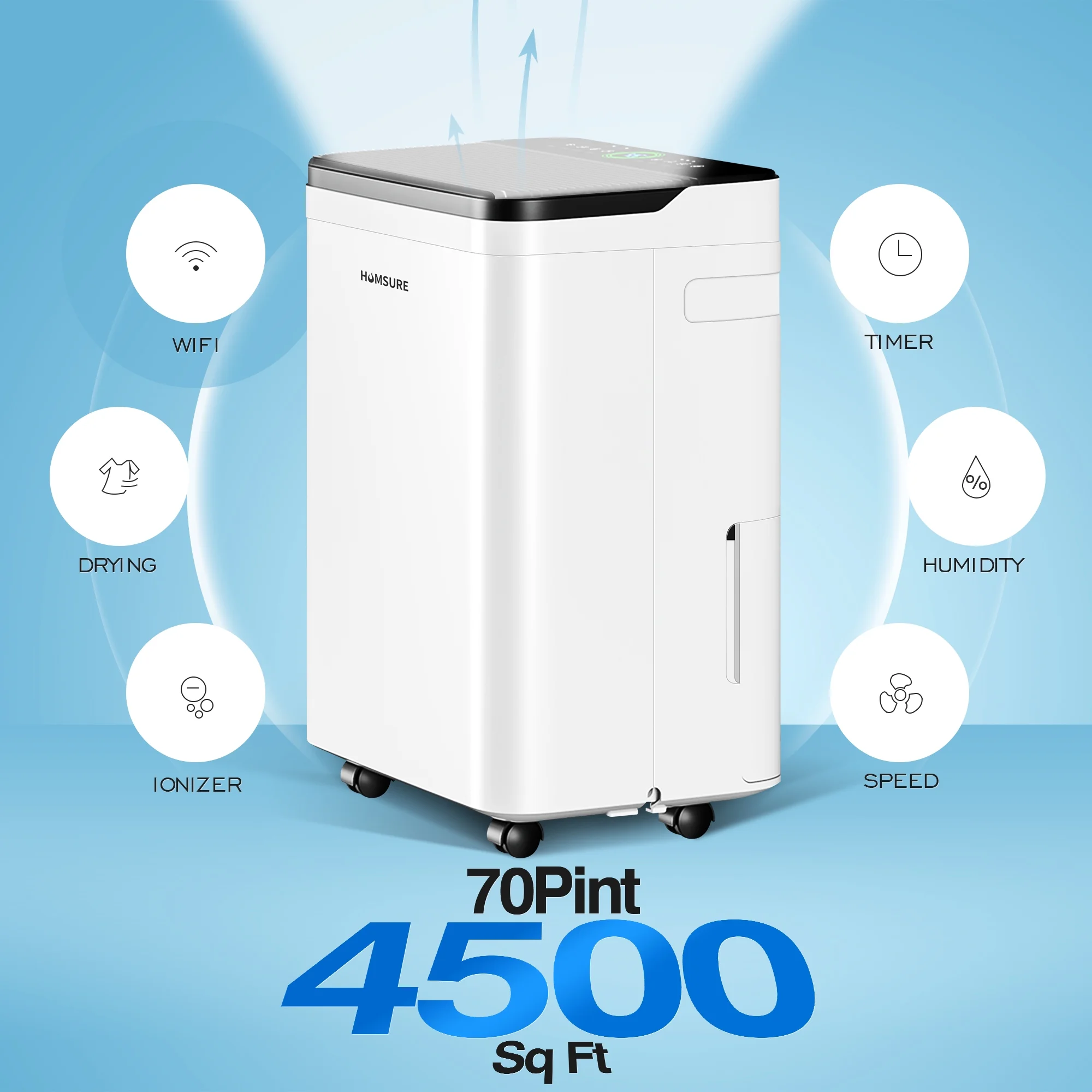 Humsure Intelligent Wifi Dehumidifier 70 Pint 4500 Sq. Ft.Humidity Control Dehumidifier, for Basements Large Rooms (White)