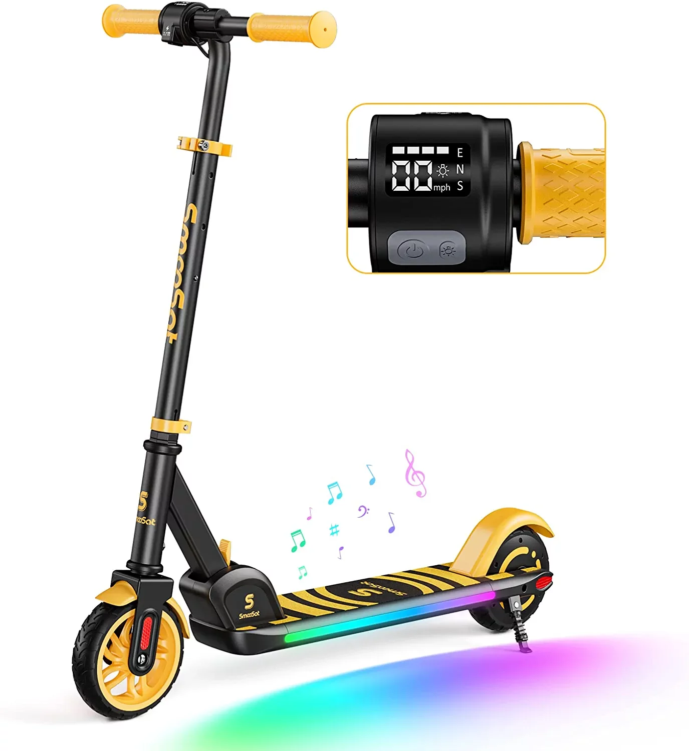 SmooSat Foldable Electric Scooter for Kids with Wireless Music Speaker, Colorful LED Lights and Display, 3 Speeds 5/8/10 MPH and Adjustable Height E-Scooter, Ideal Gift for Kids Age 8+