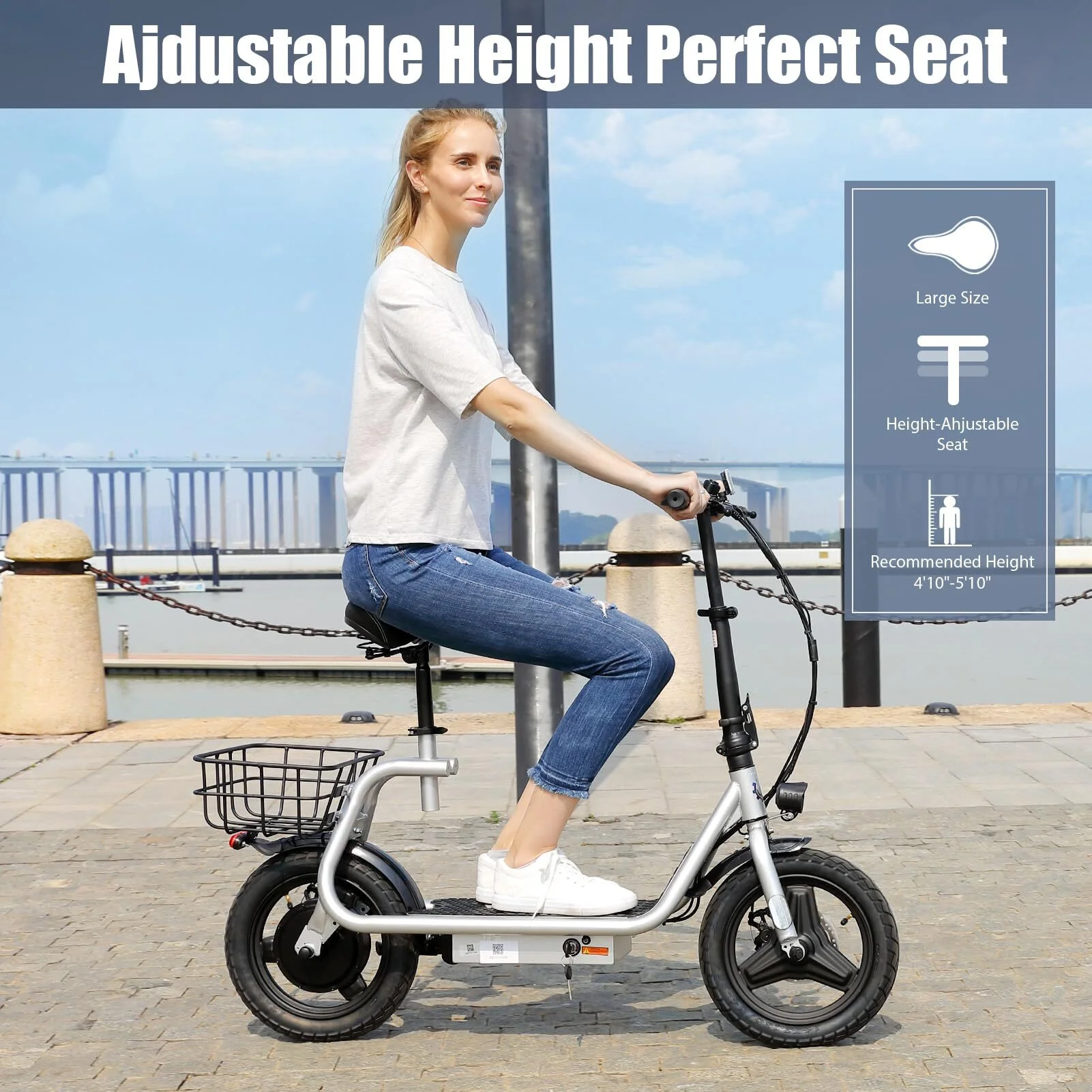 Caroma 500W Electric Scooter with Seat for Adult, 14 inch Commuter Electric Scooter with Dual Shock Absorbers and Basket – Up to 25 Miles 20 MPH, Silver