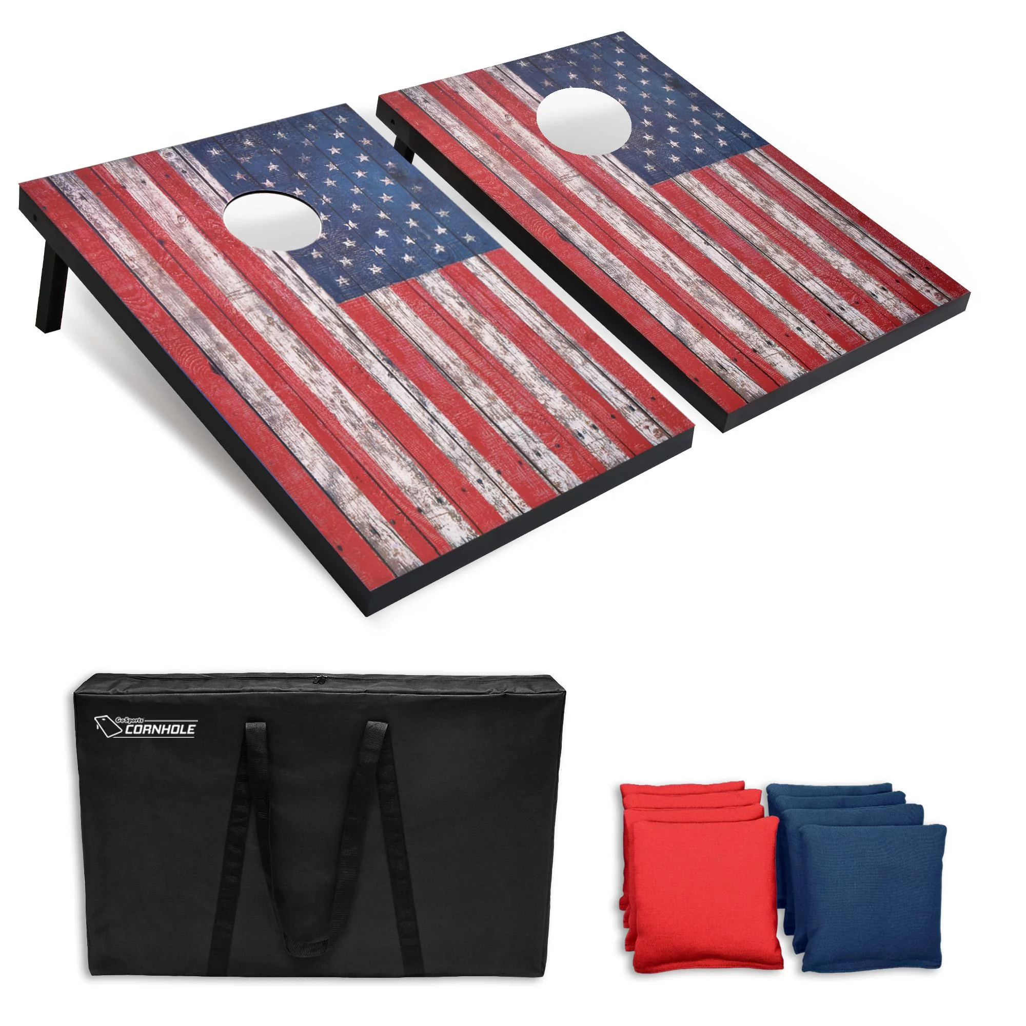 GoSports American Flag Cornhole Set with Wood Plank Design – Includes Two 3′ x 2′ Boards, 8 Bean Bags, Carrying Case and Game Rules