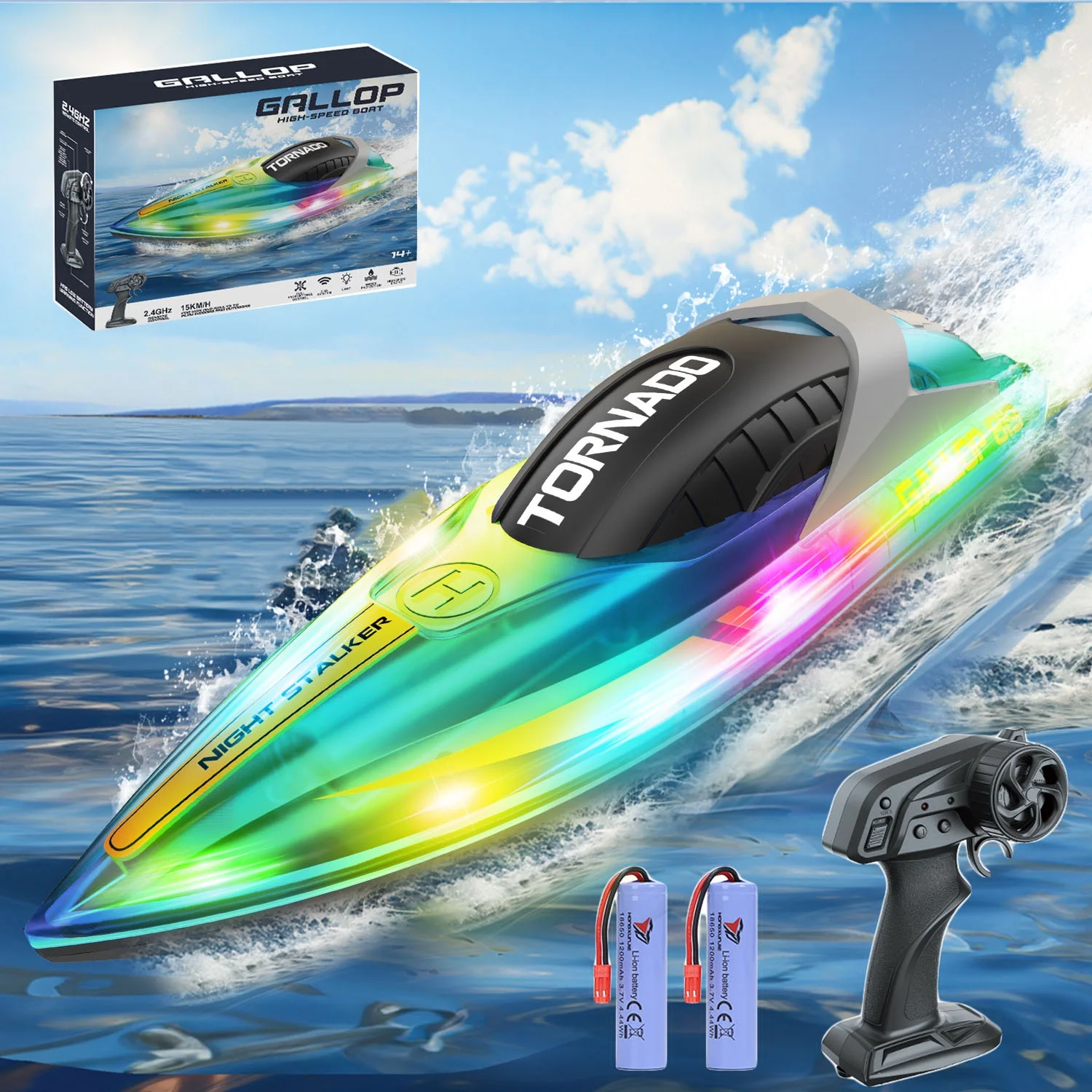 JoyStone RC Boat for Pools and Lakes, 2.4G 15+ MPH Fast Remote Control Boat with LED Lights, Racing Boats for Kids & Adults with 2 Rechargeable Battery,Gifts for Boys Girls (Blue)