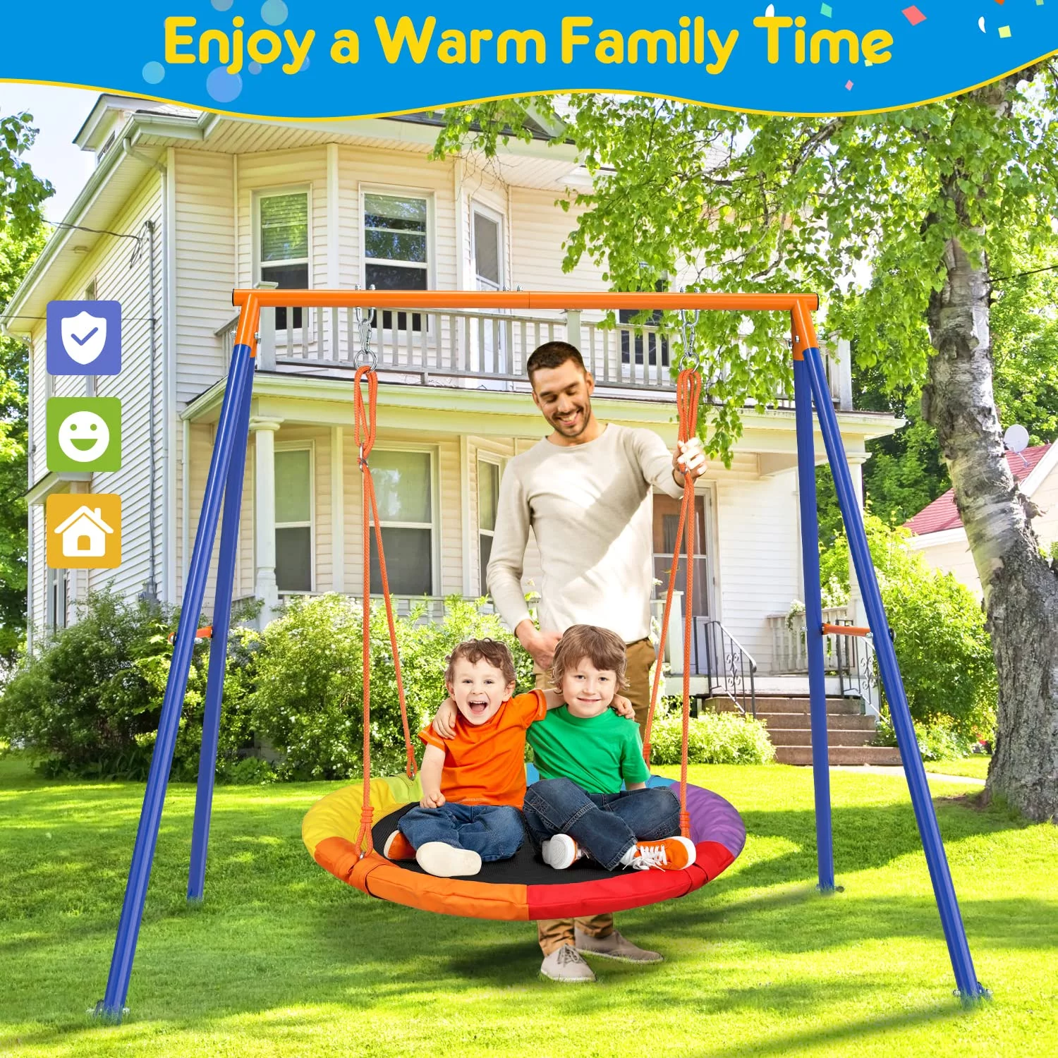 GIKPAL Saucer Swing with Stand, 440lbs Swing Set for 2-3 Kids Outdoor with Heavy-Duty Metal Frame & Adjustable Ropes Round Swing, Rainbow