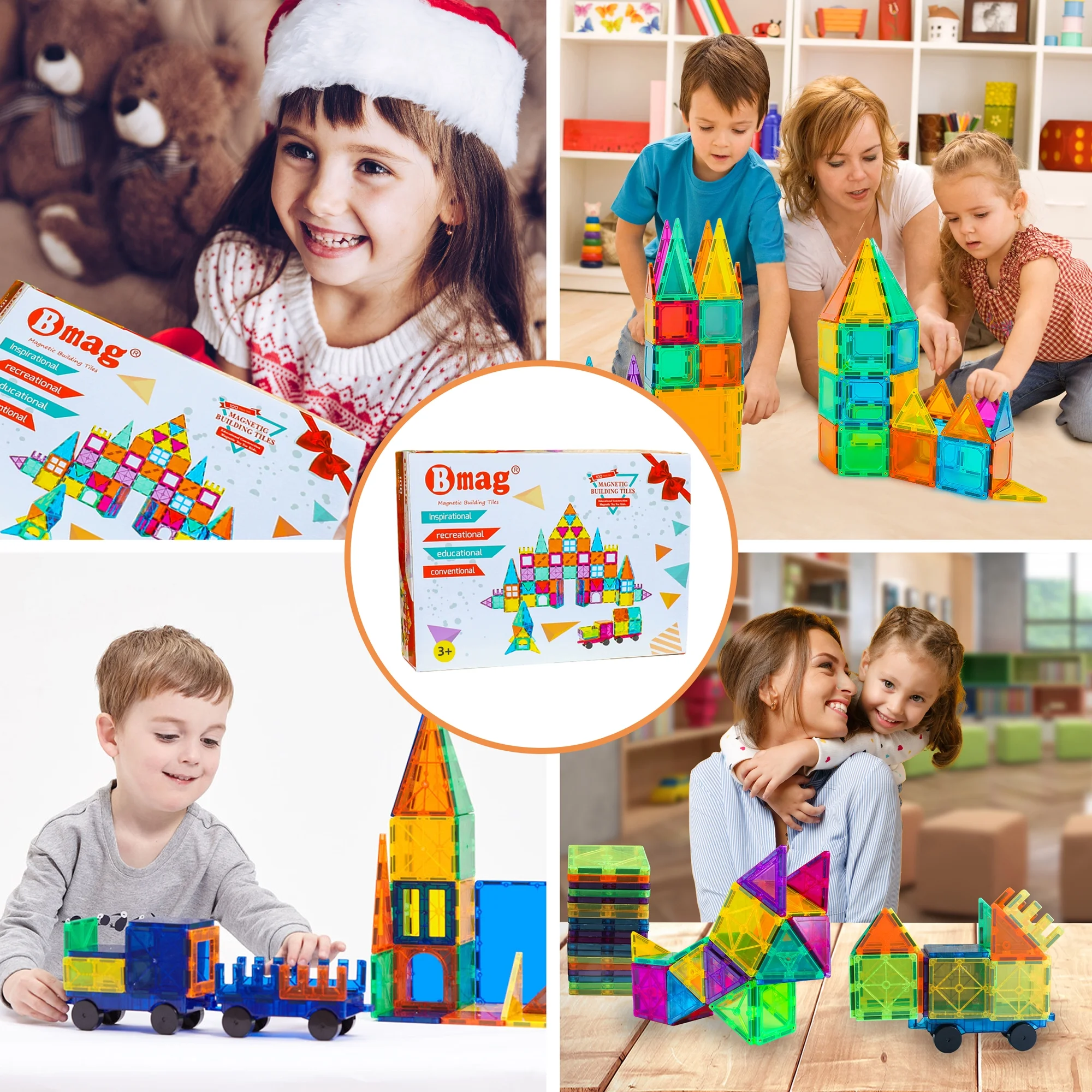 120 Pcs 3D Color Magnet Building Tiles, Magnetic Building Blocks Set with 2 Car for Kids