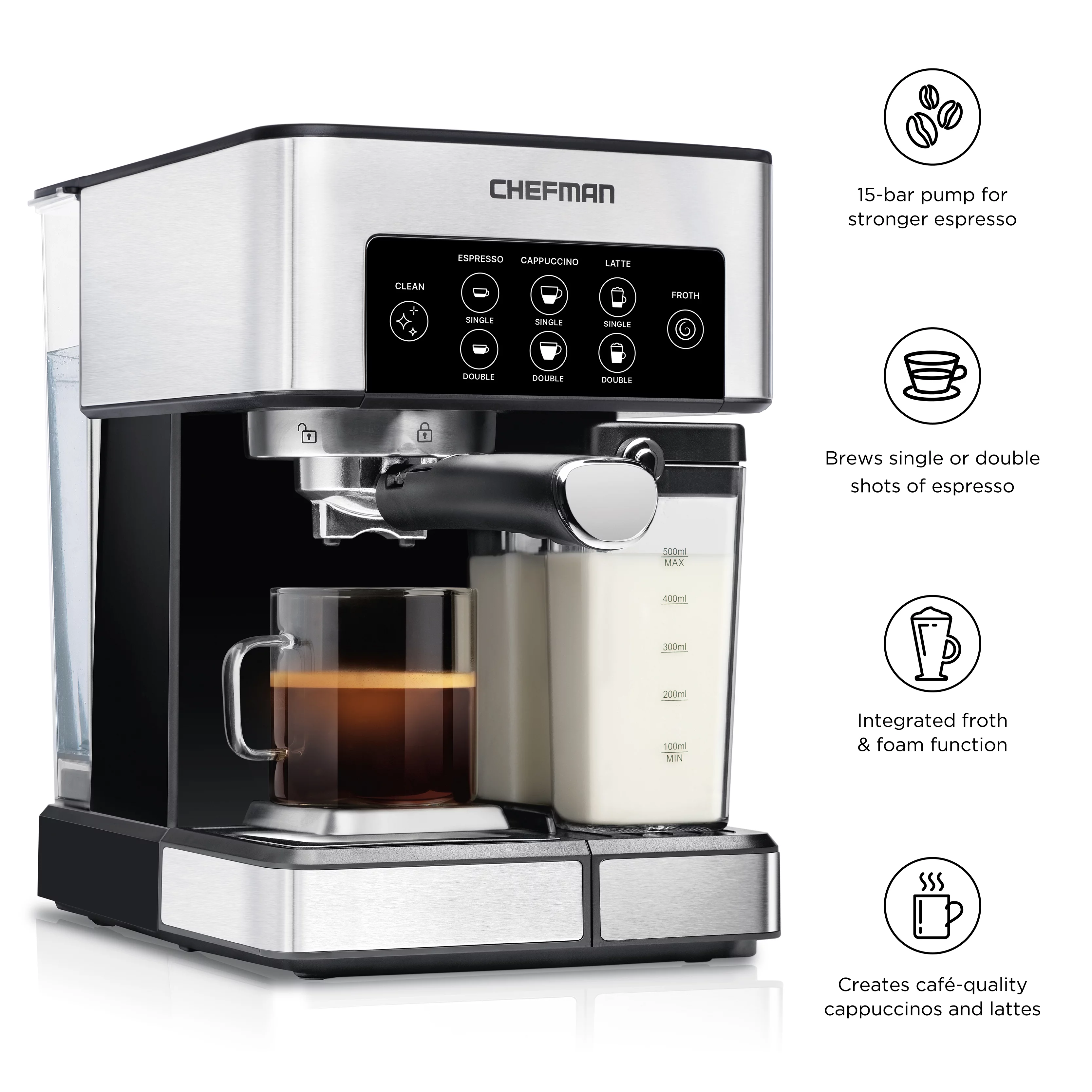 Chefman Barista Pro 6-in-1 Espresso Machine with Milk Frother, 15-BAR Pump, 1.8L Water Reservoir, Stainless Steel