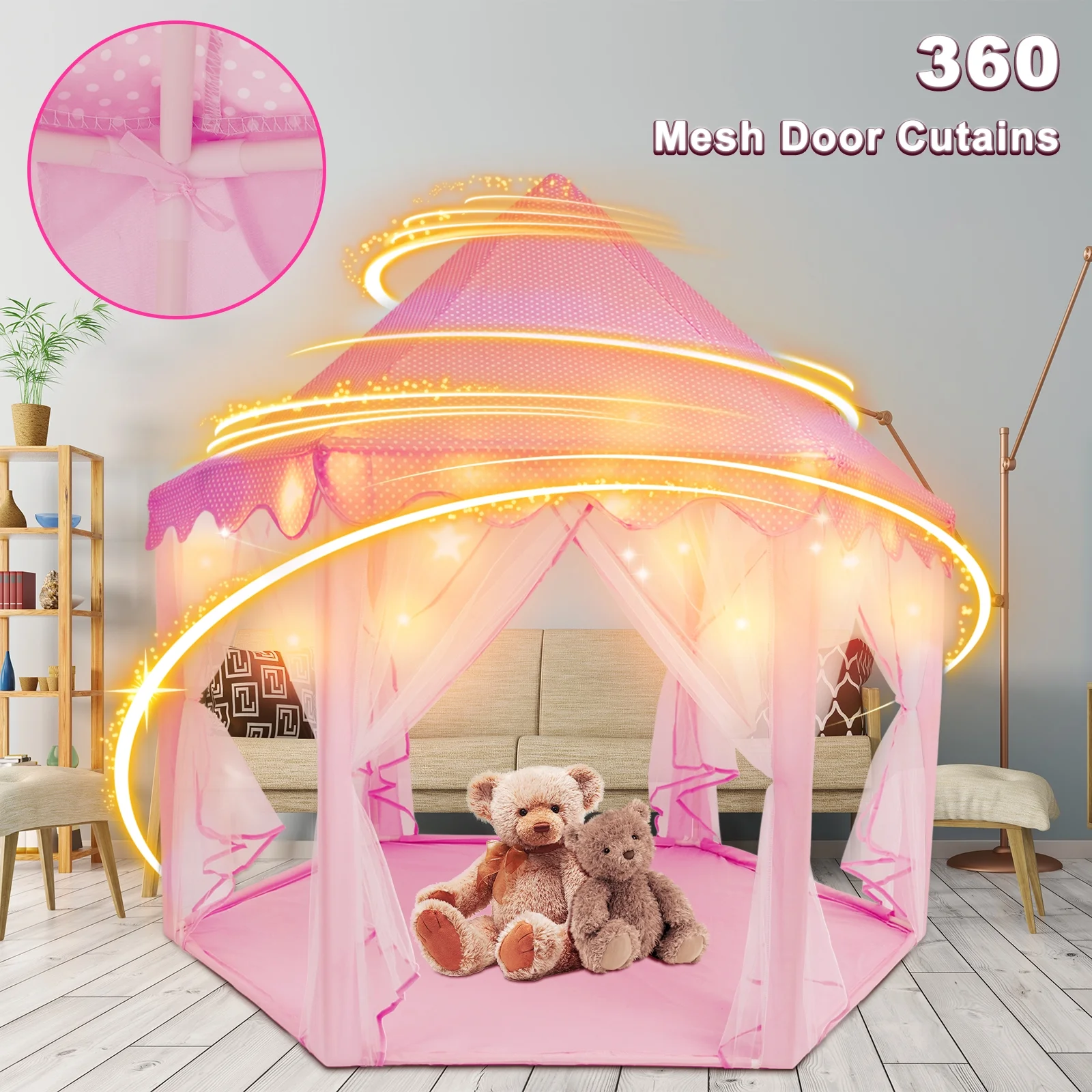 AOKESI Princess Castle Playhouse Tent for Girls, Outdoor Kids Play Tent with Fairy Star Lights, Large Princess Fairy Castle Pretend Play, Pink Tent Birthday Play Tent Toy Gifts for Kids