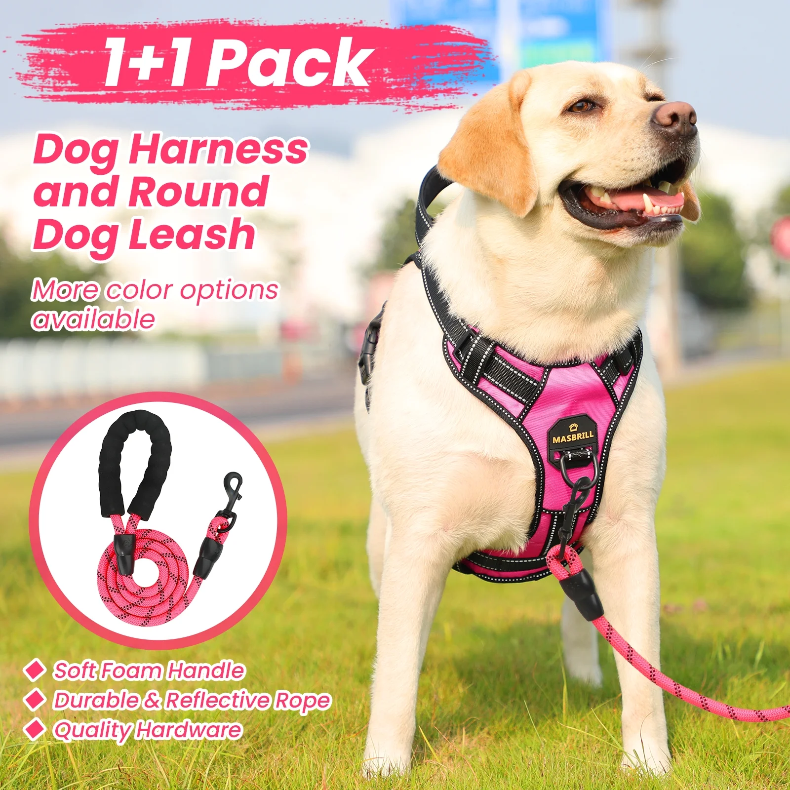 MASBRILL Dog Harness and Leash Set, No Pull Vest Harness, Reflective Adjustable Soft Padded Pet Harness with Handle for Small to Large Dogs