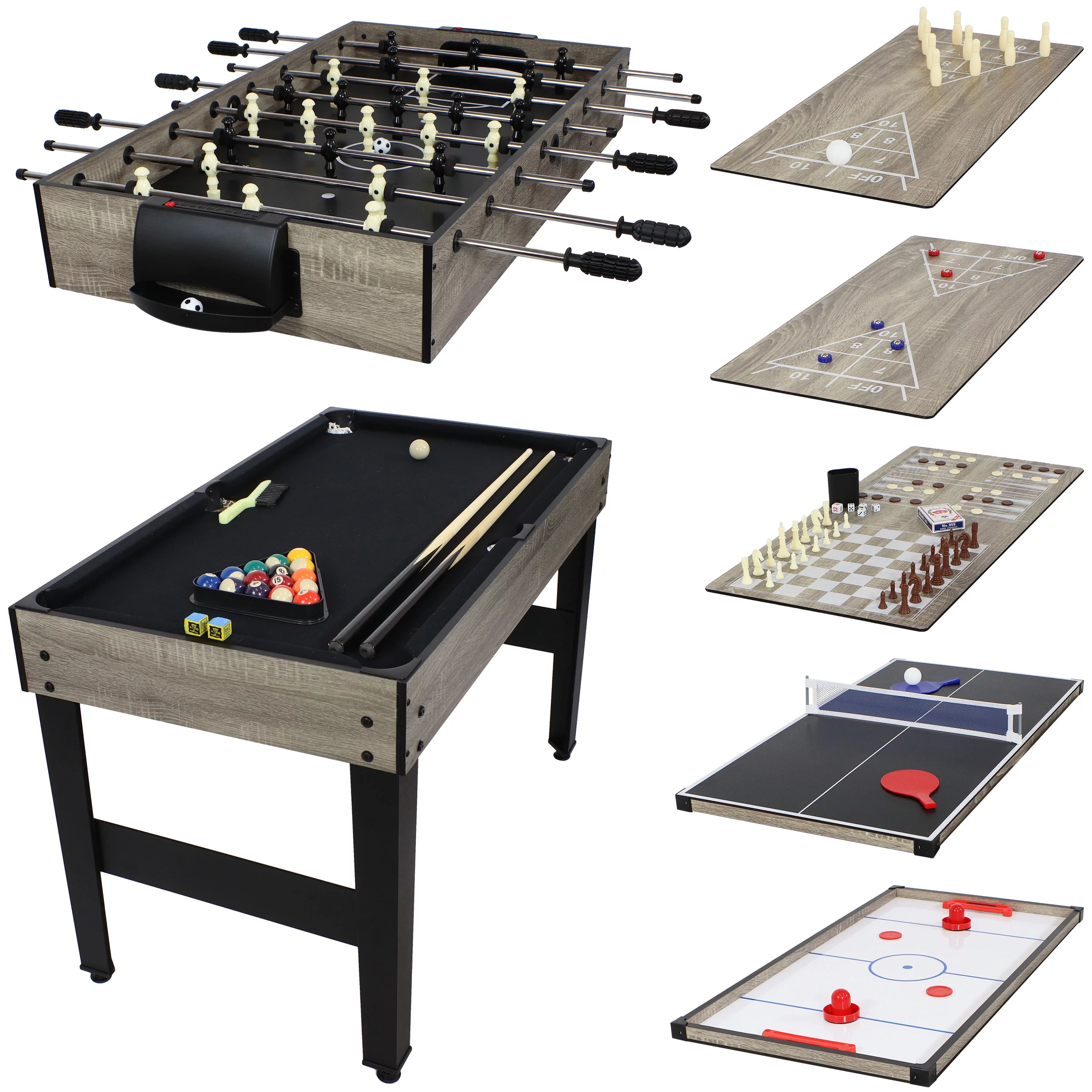 Sunnydaze Multi-Game Table with Billiards, Hockey, Foosball, Ping Pong, Shuffleboard, Chess, Cards, Checkers, Bowling, and Backgammon – Game Time Blue