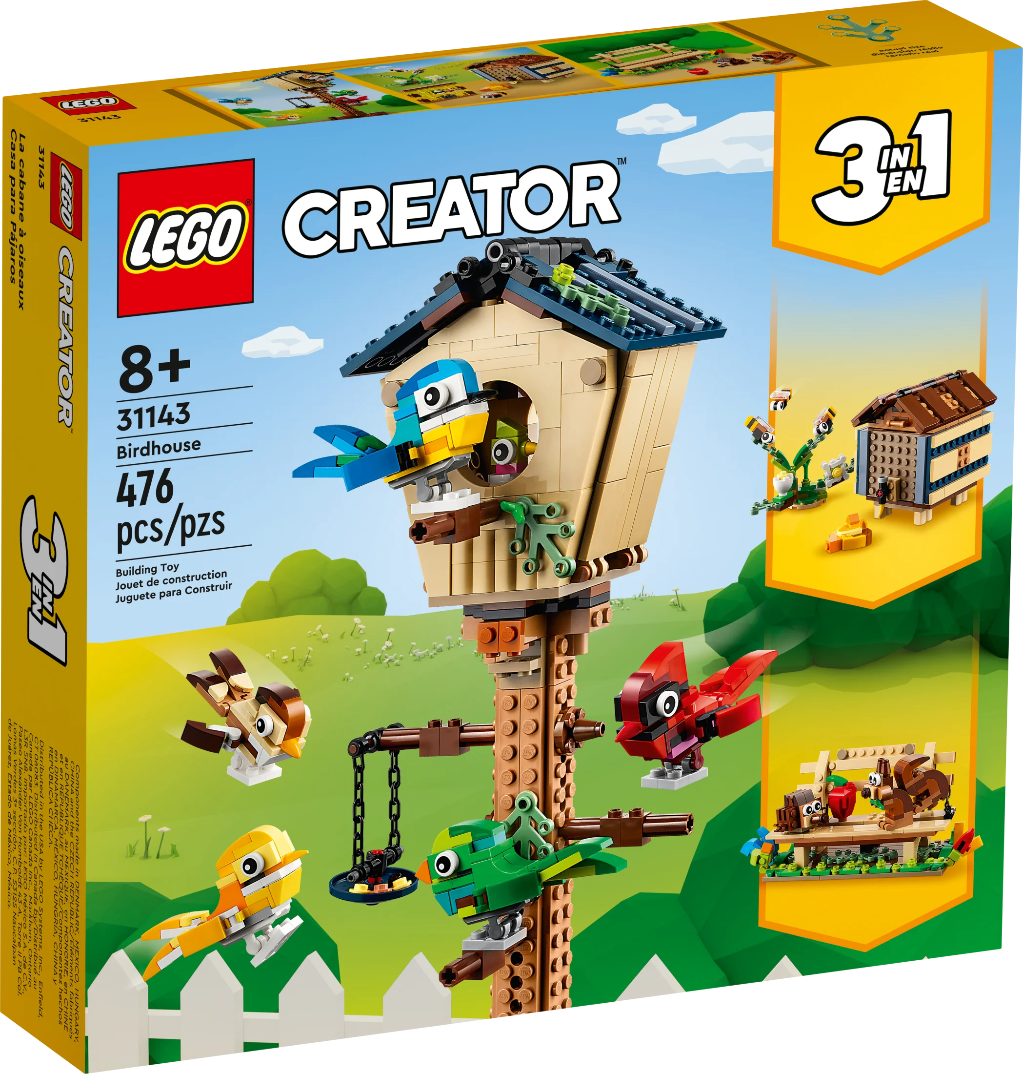 LEGO Creator 3in1 Birdhouse 31143, Birds to Hedgehog to Beehive Set, Forest Animal Figures, Building Toys for Kids Ages 8 Years and Over, Colorful Toy Set, Gift Idea