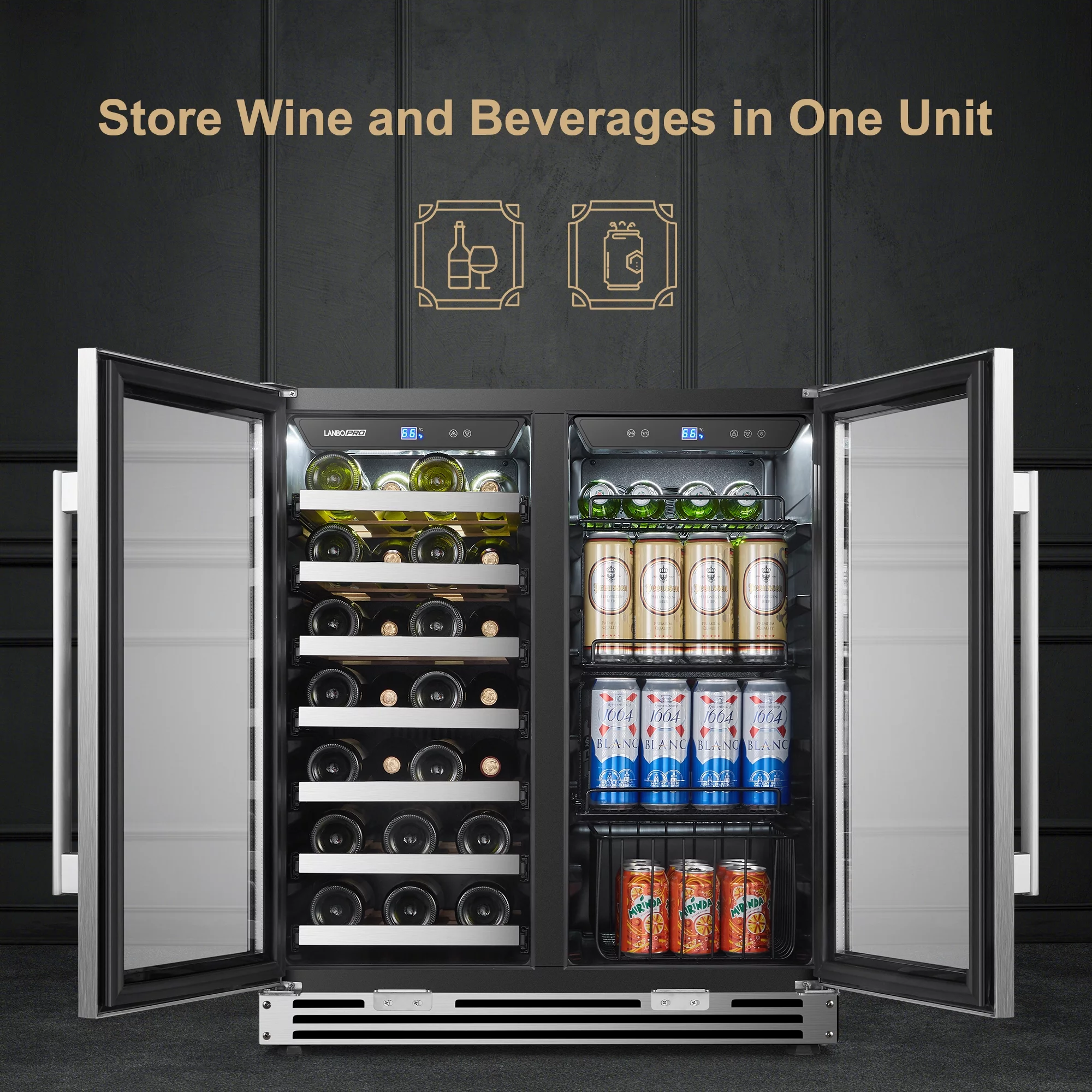 Lanbopro 31 Bottles 58 Cans Dual Zone Wine Cooler Beverage Refrigerator