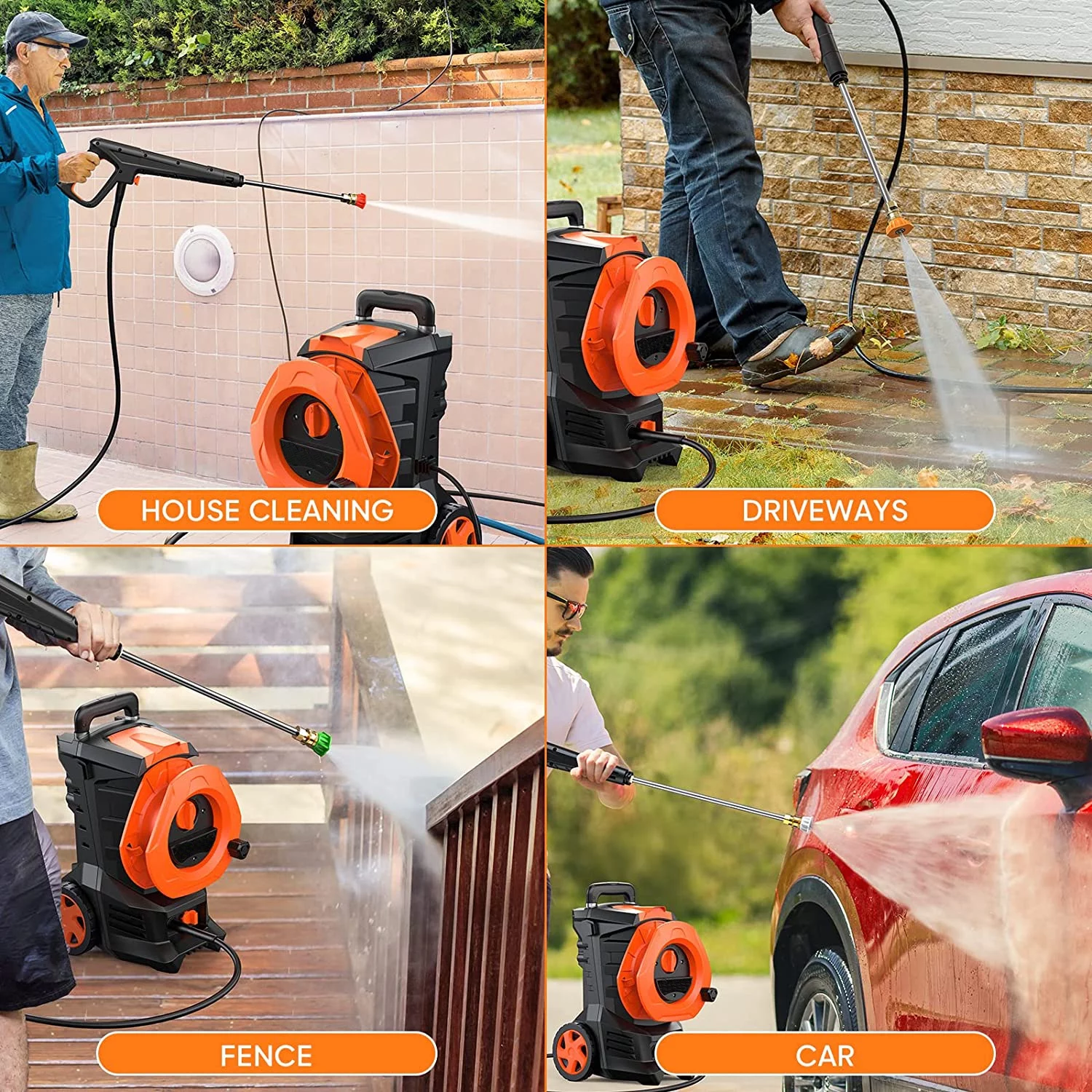 Vebreda 3300PSI Electric Pressure Washer with 4 Quick Connect Nozzlese 2.0GPM 1800W, Orange