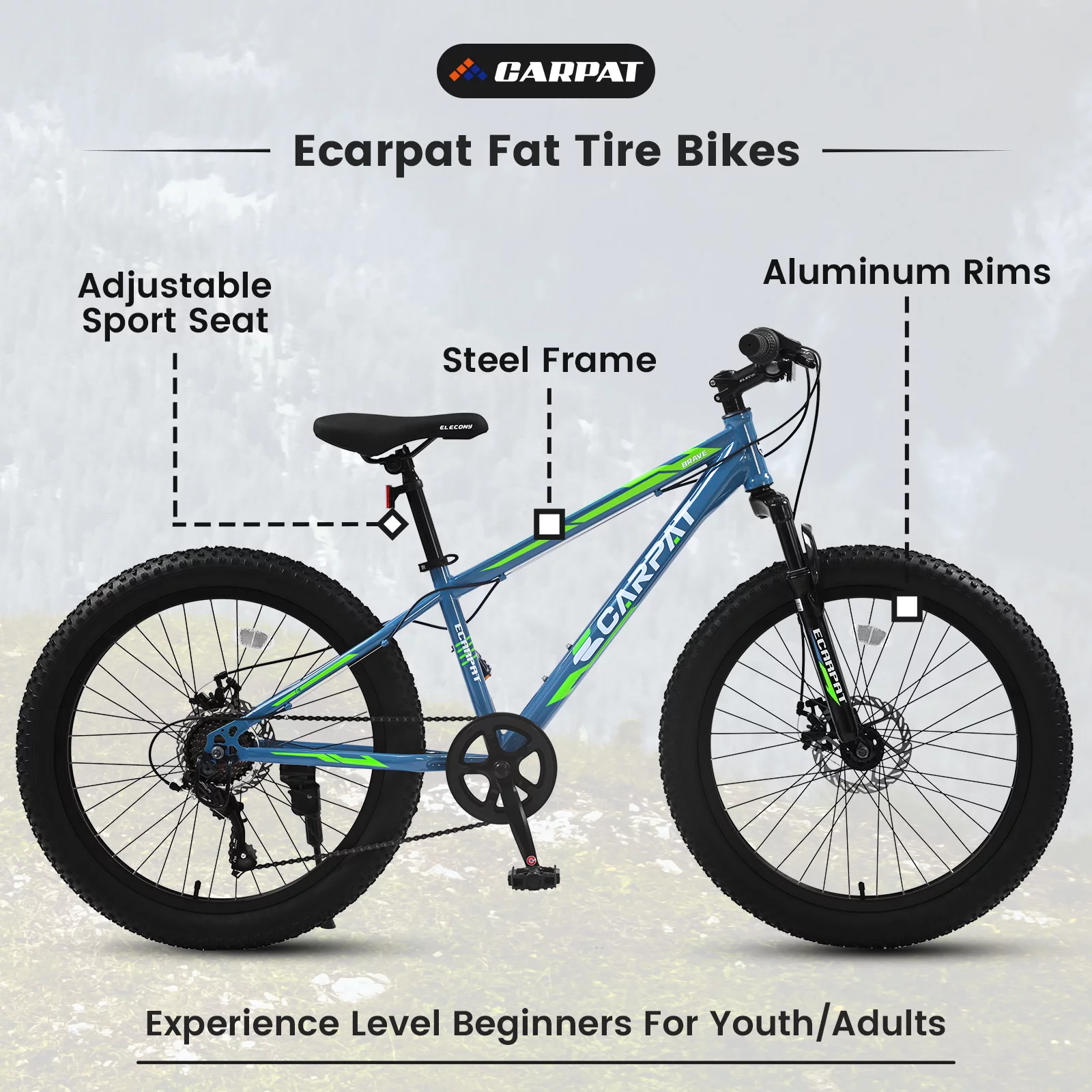 24 inch Fat Tire Bike, Shimano 7-Speed, Dual-Disc Brakes, Green Trail Mountain Bike for Adult/Youth