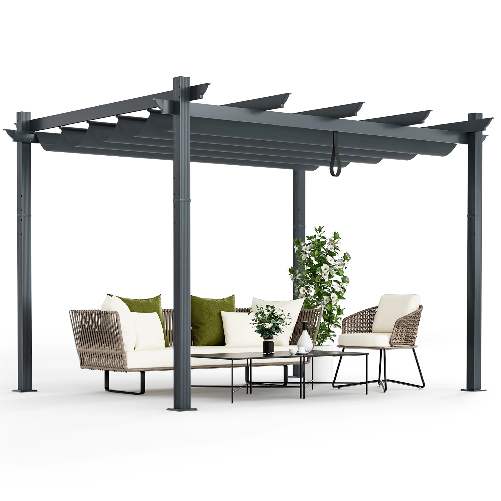 Costway 10x12ft Outdoor Aluminum Retractable Pergola Canopy Shelter Grape Trellis Beige