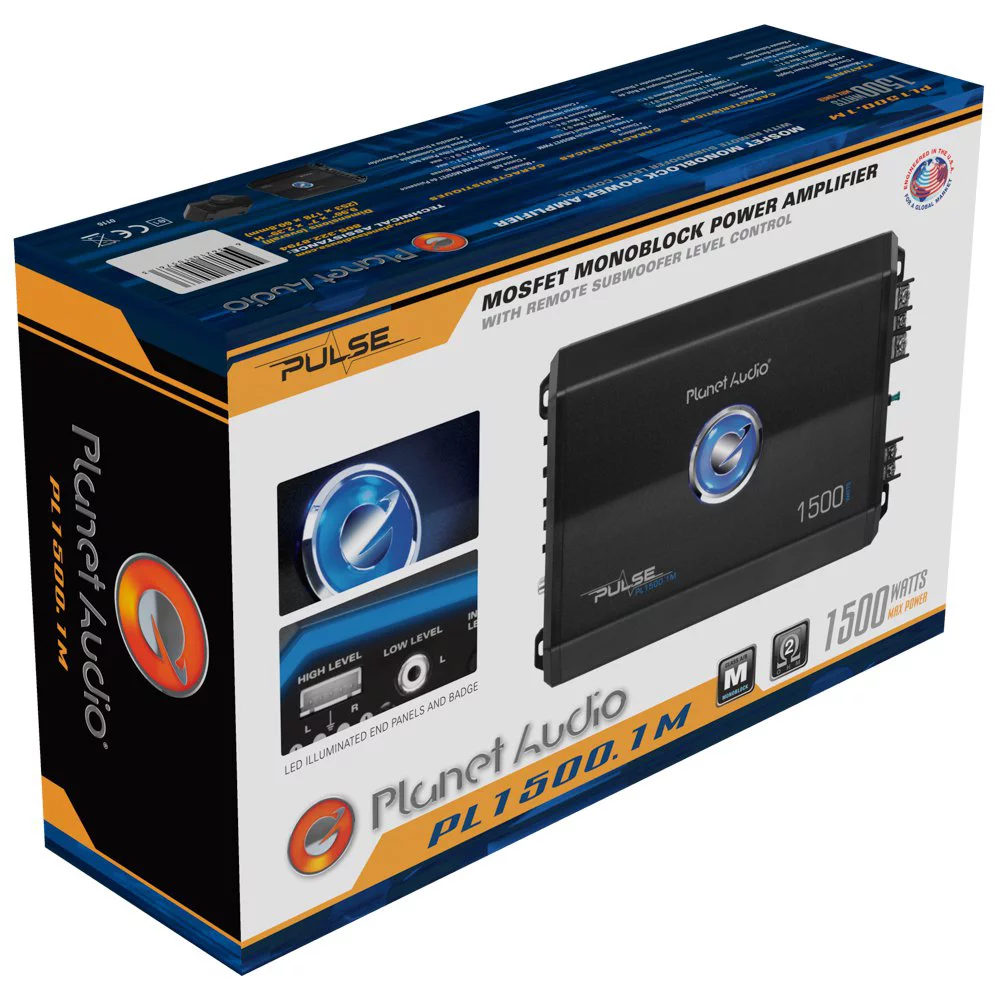 Planet Audio PL1500.1M Pulse Series Car Audio Amplifier – 1500 High Output, Monoblock, 2/8 Ohm, High/Low Level Inputs, Low Pass Crossover, Hook up to Stereo and Subwoofer