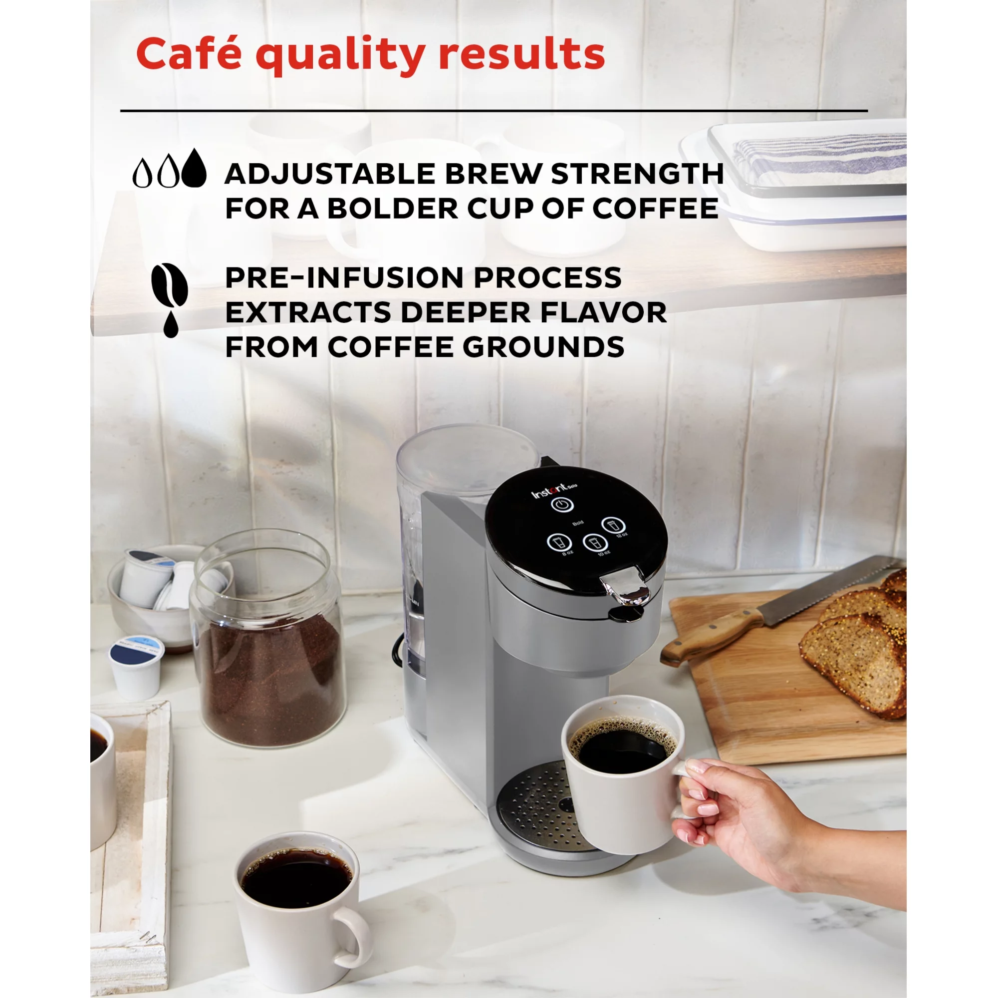 Instant Solo 2-in-1 Single Serve Coffee Maker for Ground Coffee or K-Cup Pods with 3 Brew Sizes, Maroon Red