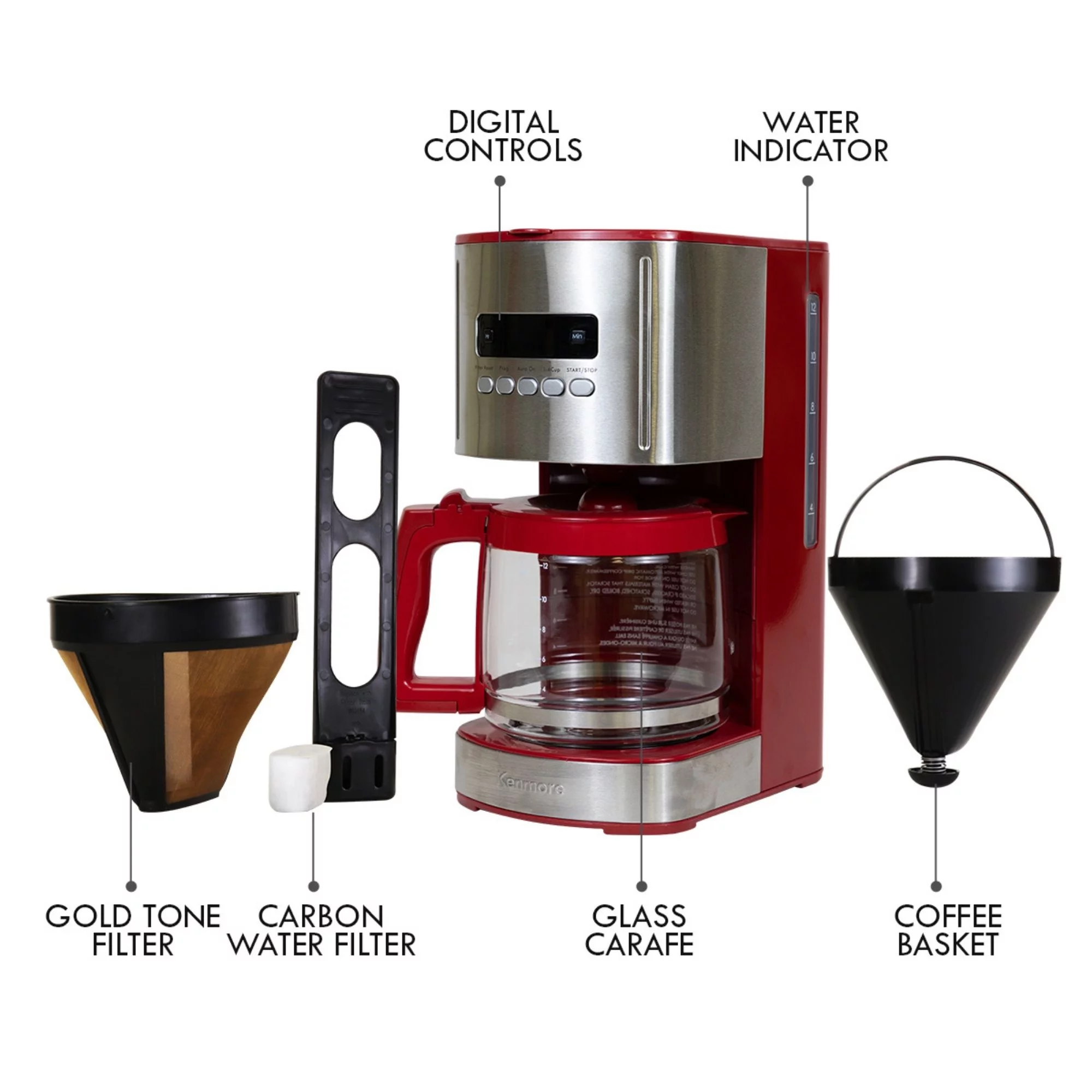 Kenmore 12 Cup Aroma Control Programmable Coffee Maker Strong Brew Selector Coffee Machine, Red