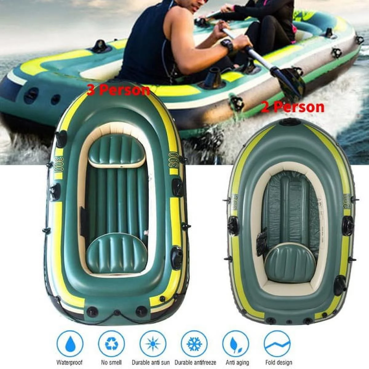 Eastbuy Green PVC Inflatable Two/Three Person Rowing Air Boat Fishing Drifting Diving Tool