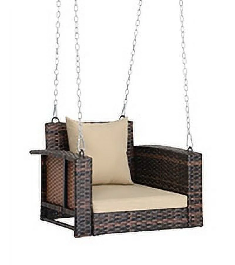 Ktaxon 49in Black Rattan Blue Cushion Rattan Hanging Wicker Swing Chair, Patio Swing, Black