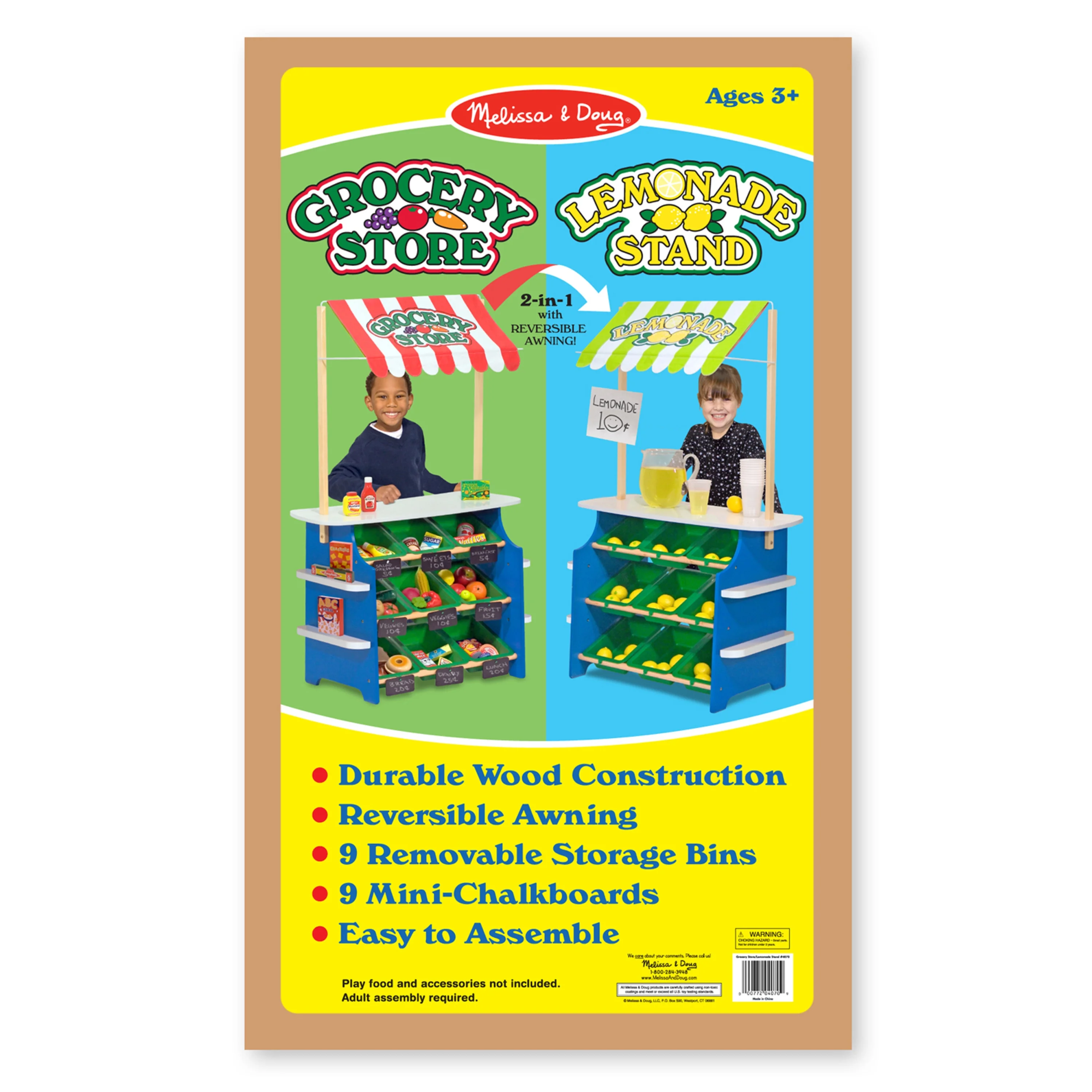 Melissa & Doug Wooden Grocery Store and Lemonade Stand – Reversible Awning, 9 Bins, Chalkboards