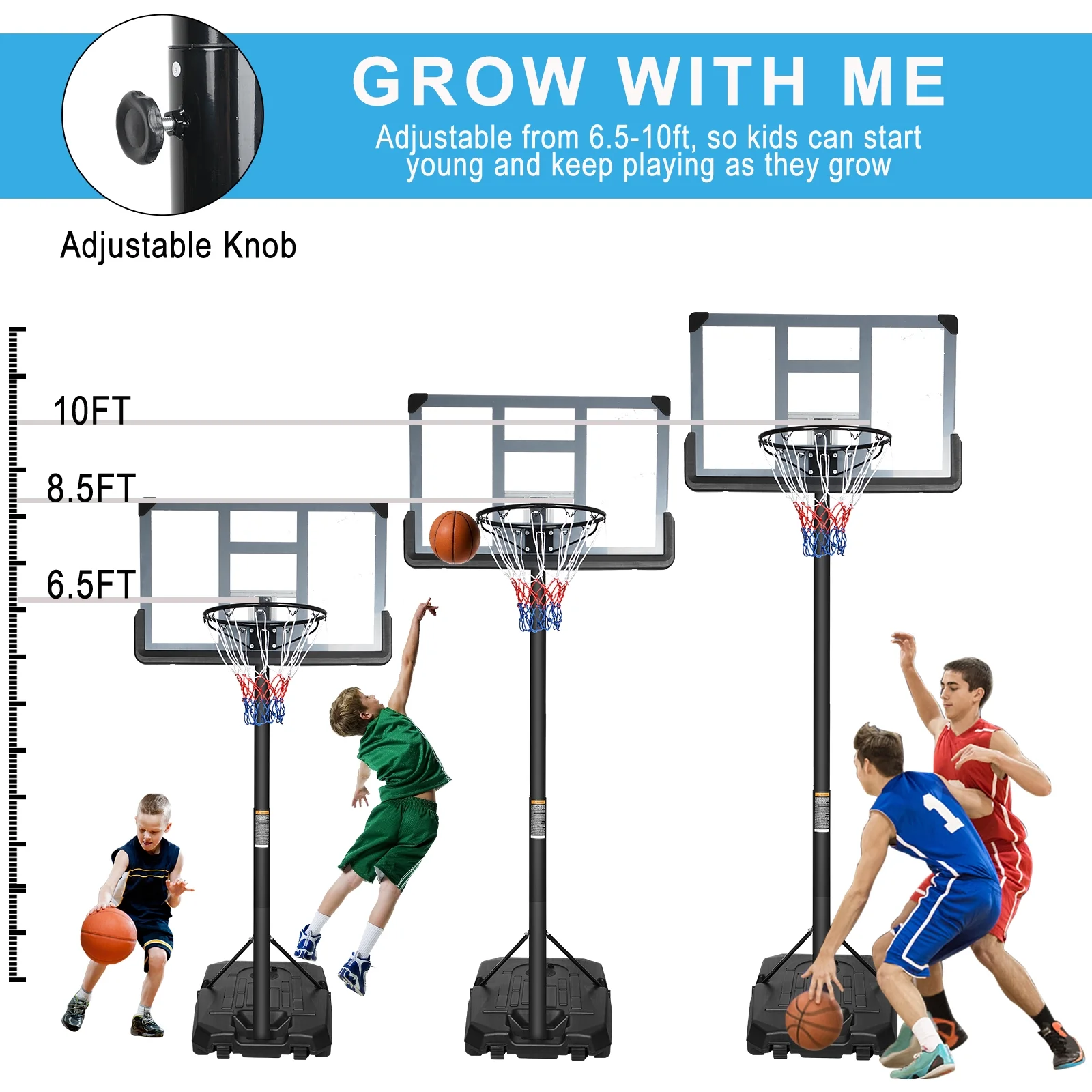 GIKPAL 44?? Backboard with 3 Gear Adjustable Portable Basketball Hoop Goal System from 6.6-10ft  for Kids/Adults Indoor Outdoor