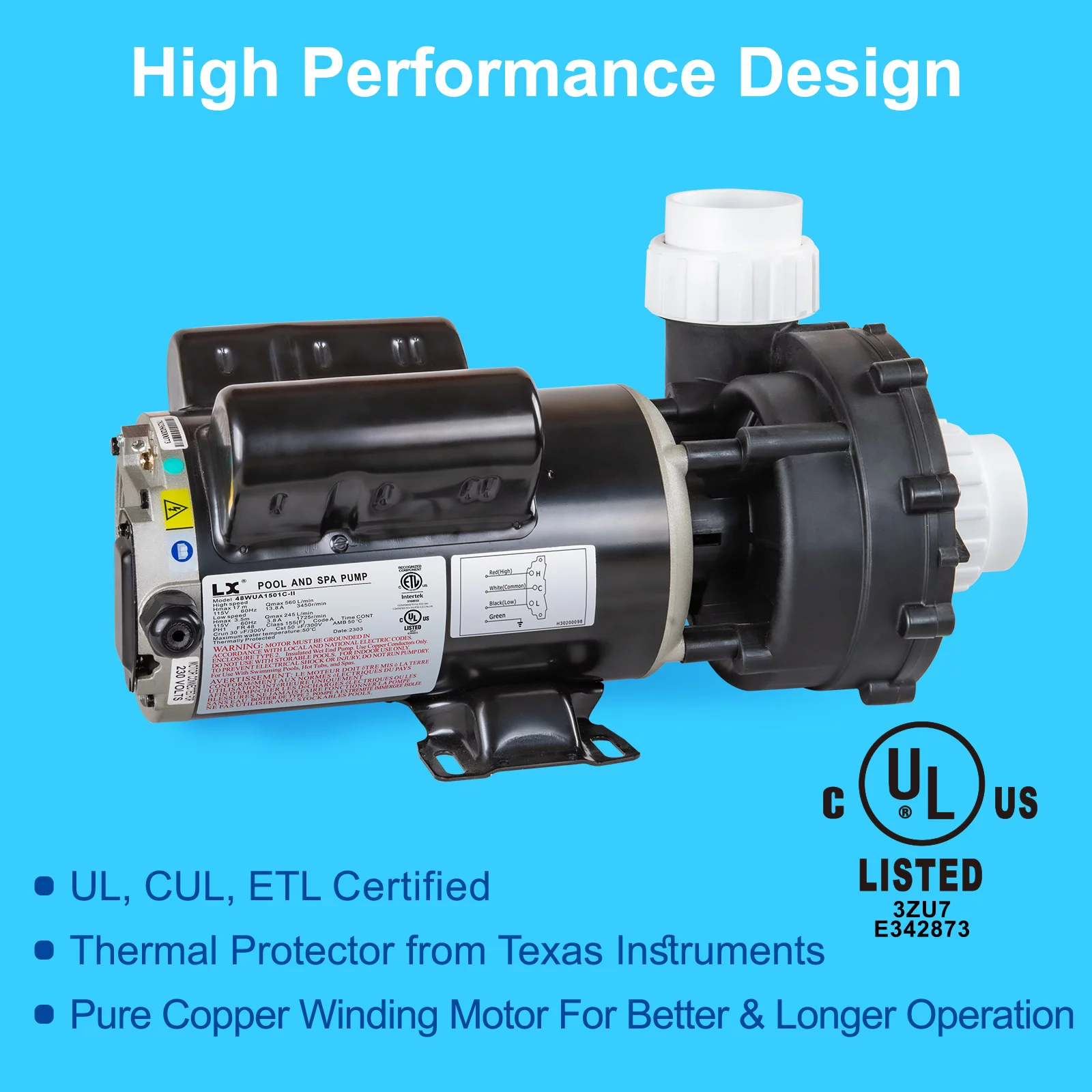 LINGXIAO SPA Pump, 2 Speed Hot Tub SPA Pump, 2HP LX SPA Pump Motor, 115V/60HZ, 2″ Port – Model: 48WUA1501C-II