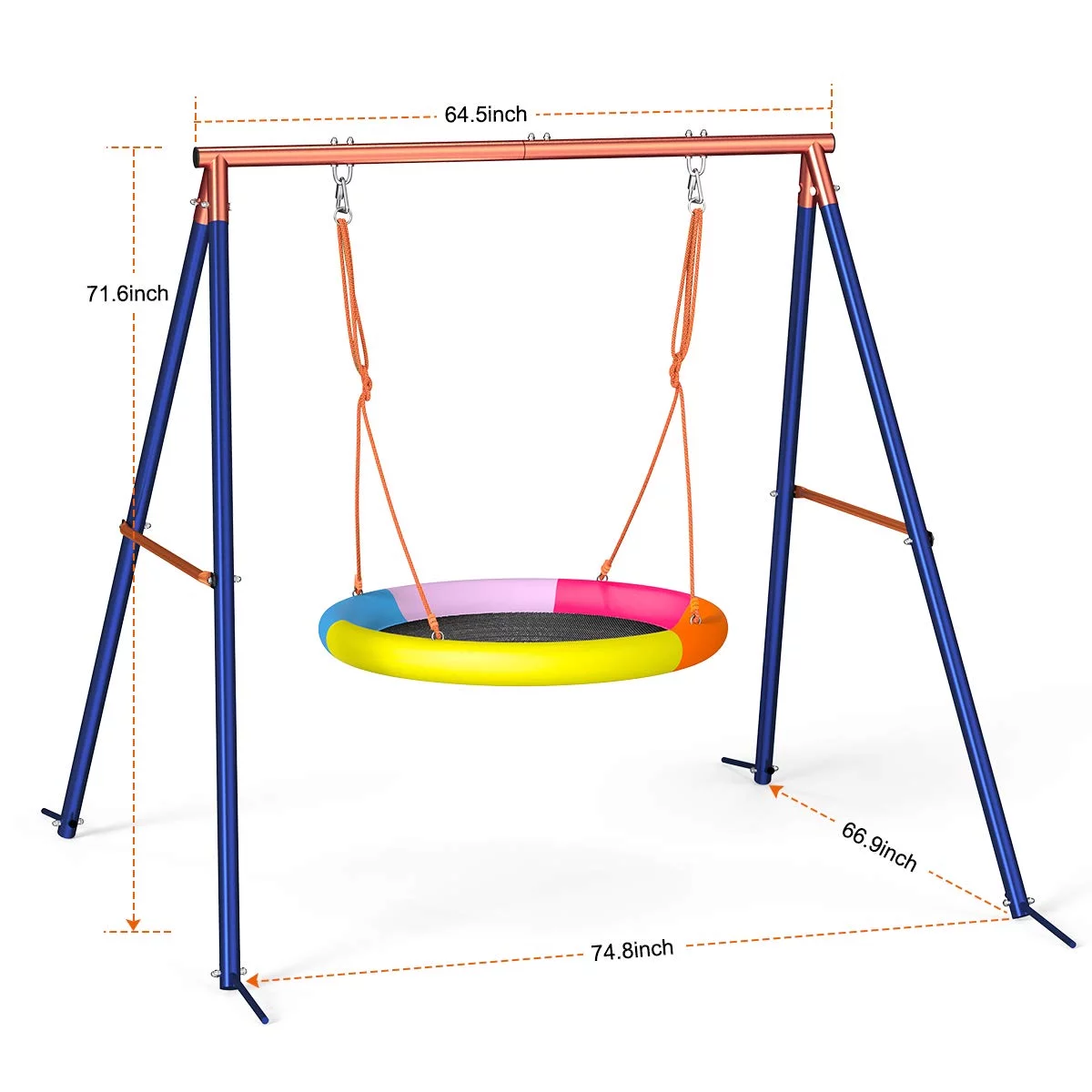 GIKPAL Saucer Swing with Stand, 440lbs Swing Set for 2-3 Kids Outdoor with Heavy-Duty Metal Frame & Adjustable Ropes Round Swing, Rainbow