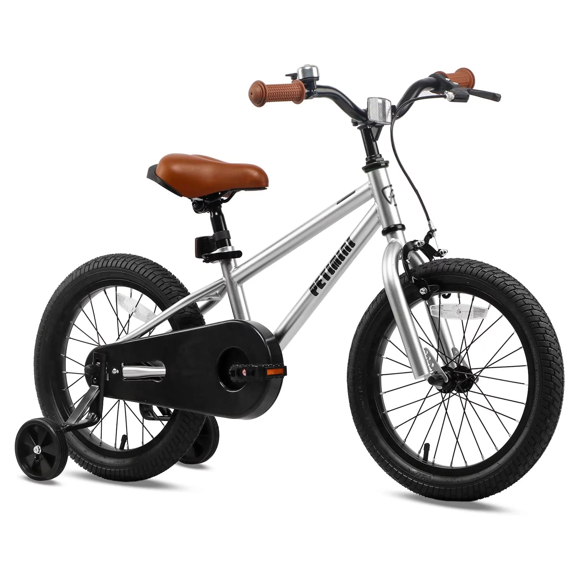 Petimini 16 Inch BMX Kids Bike w/ Training Wheels for 4-7 Years Old, Silver