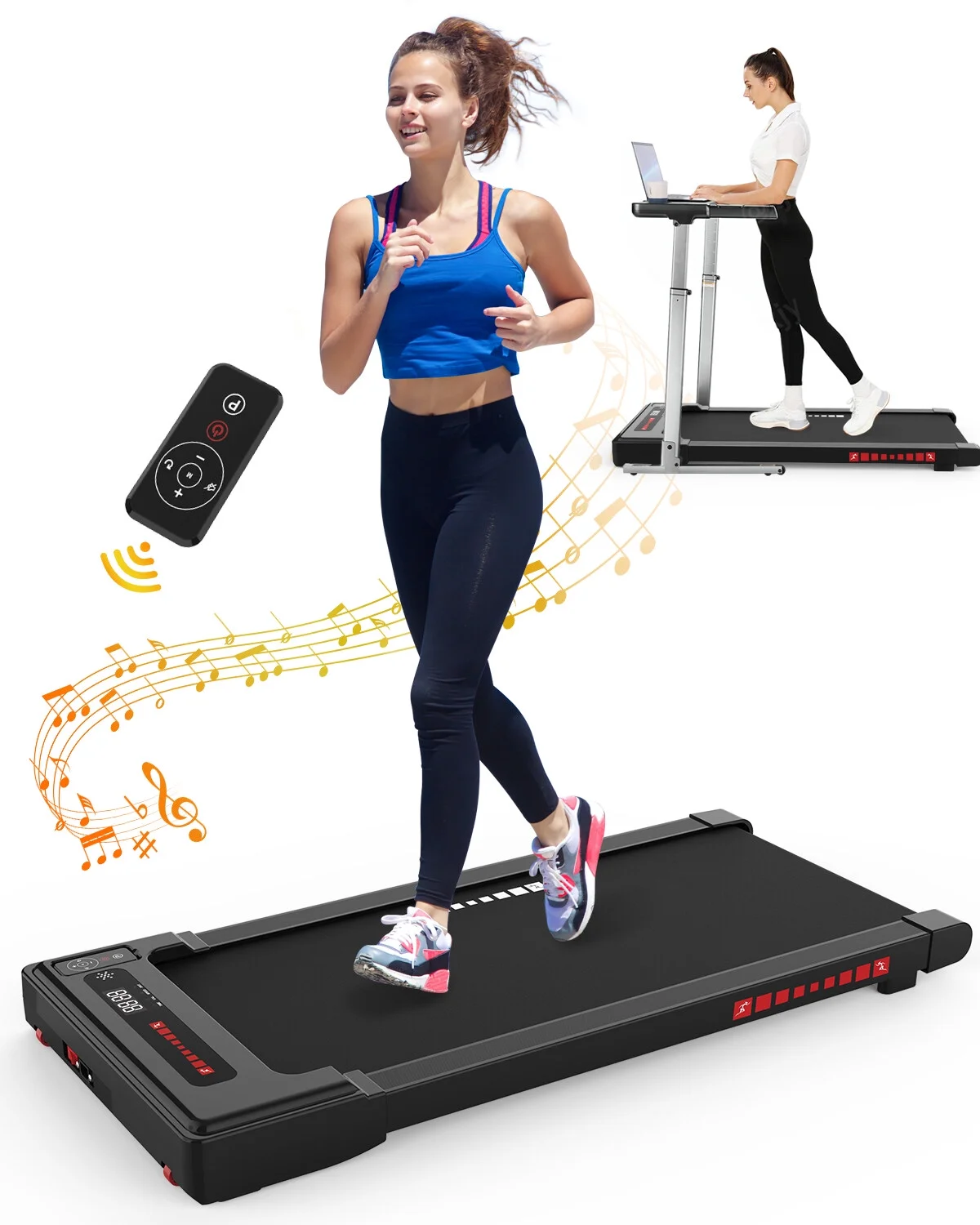 Electric Treadmill, 2.5HP Under Desk MINI Waking Jogging Machine Installation-Free, Remote Control Portable Walking Machine with Bluetooth for Home, Office & Gym