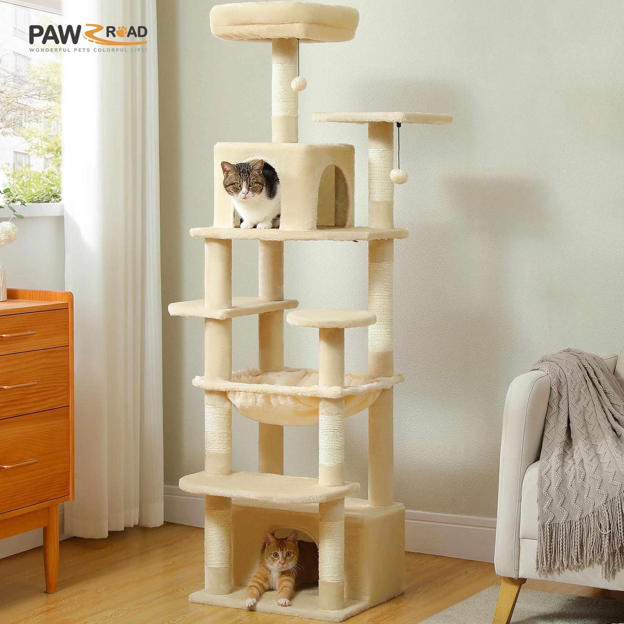 PAWZ Road 73″ Cat Tree for Large Cats Multi Level Tall Cat Tower Condo with 7 Scratching Posts, Gray