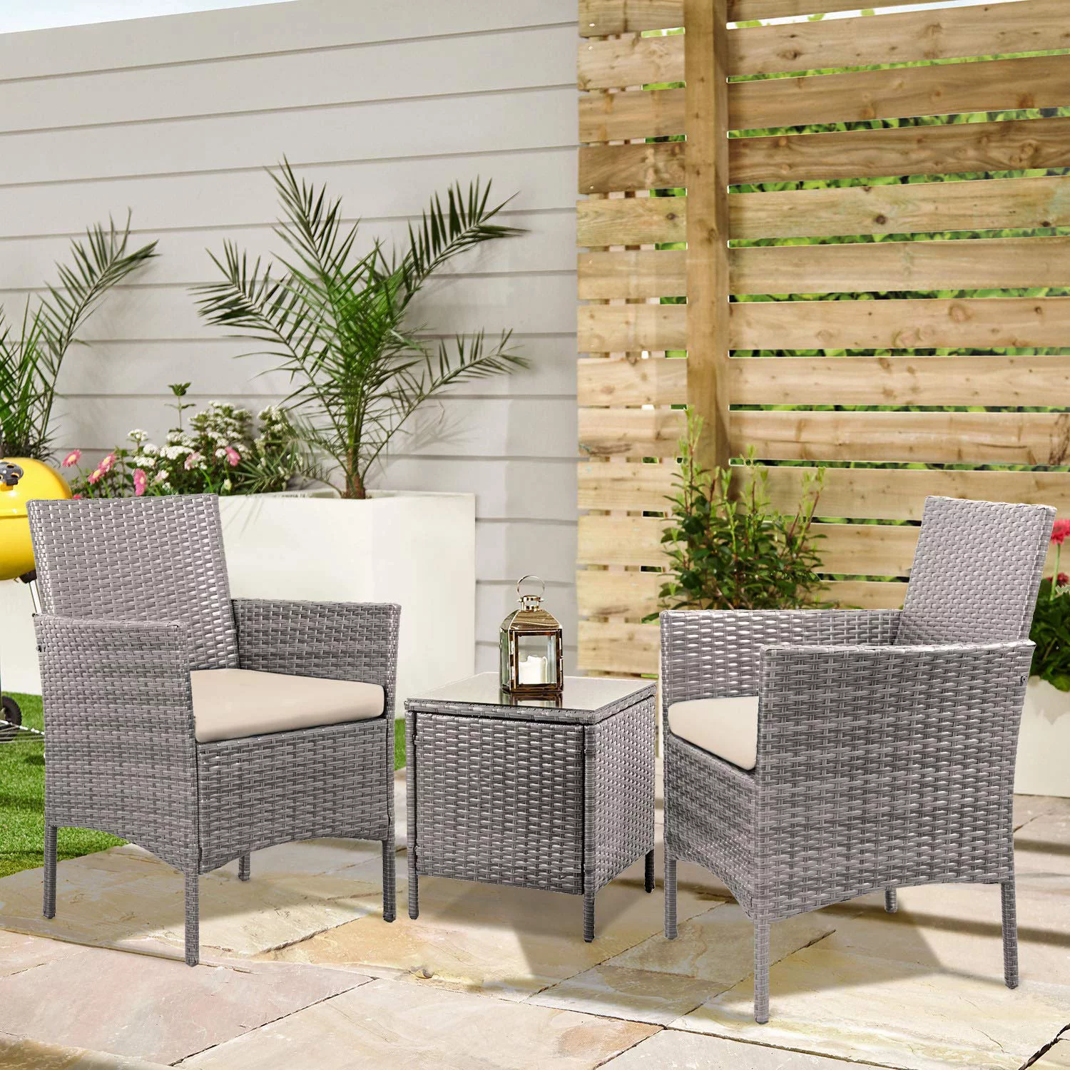 Lacoo 3 Pieces Outdoor Patio Furniture PE Rattan Wicker Table and Chairs Set Bar Set with Cushioned Tempered Glass, Brown/Beige, 2