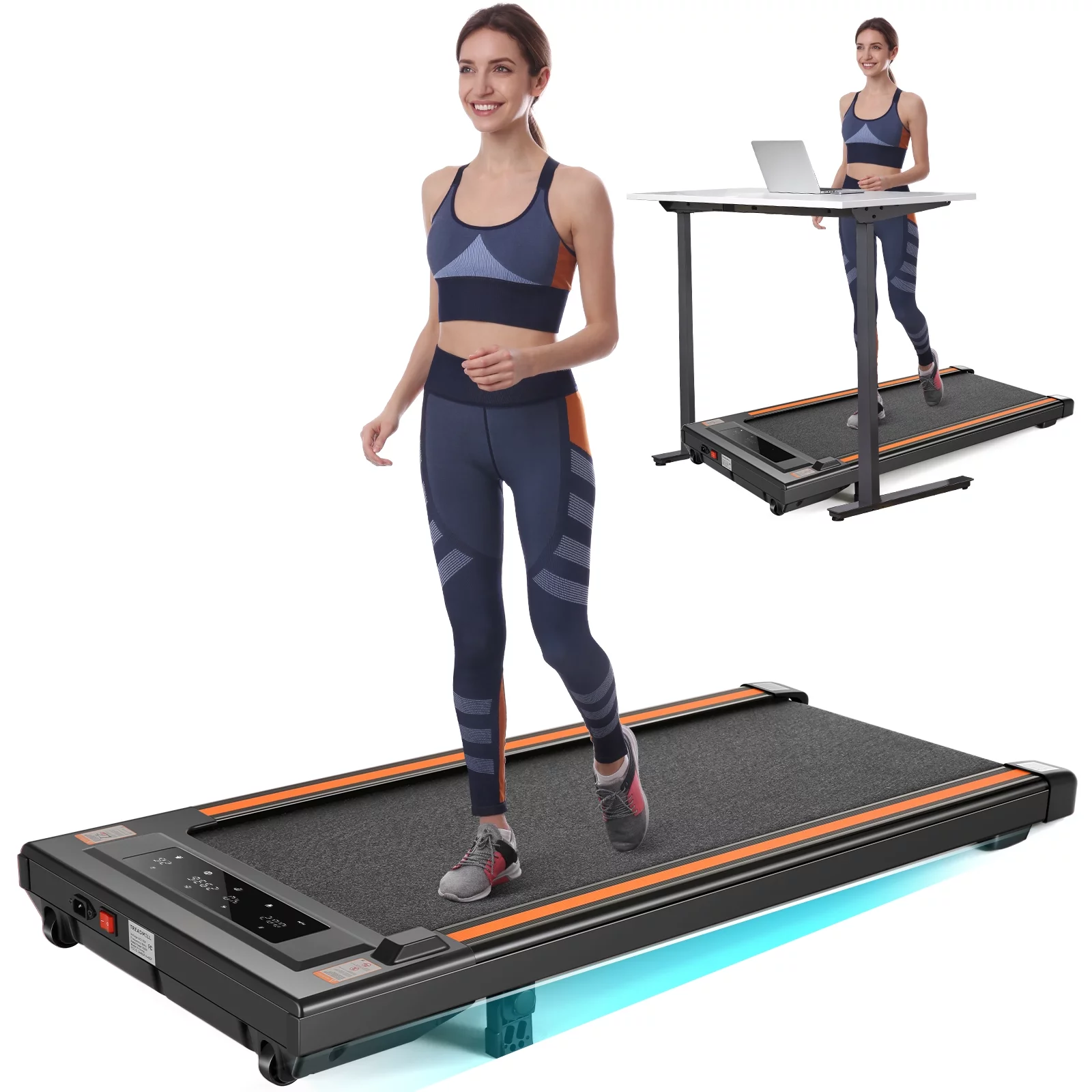 Tikmboex 2.5HP Walking Pad Under Desk Treadmill with LED Touch Screen Remote Control, 2 in 1 Treadmills for Home Office, Black & Orange