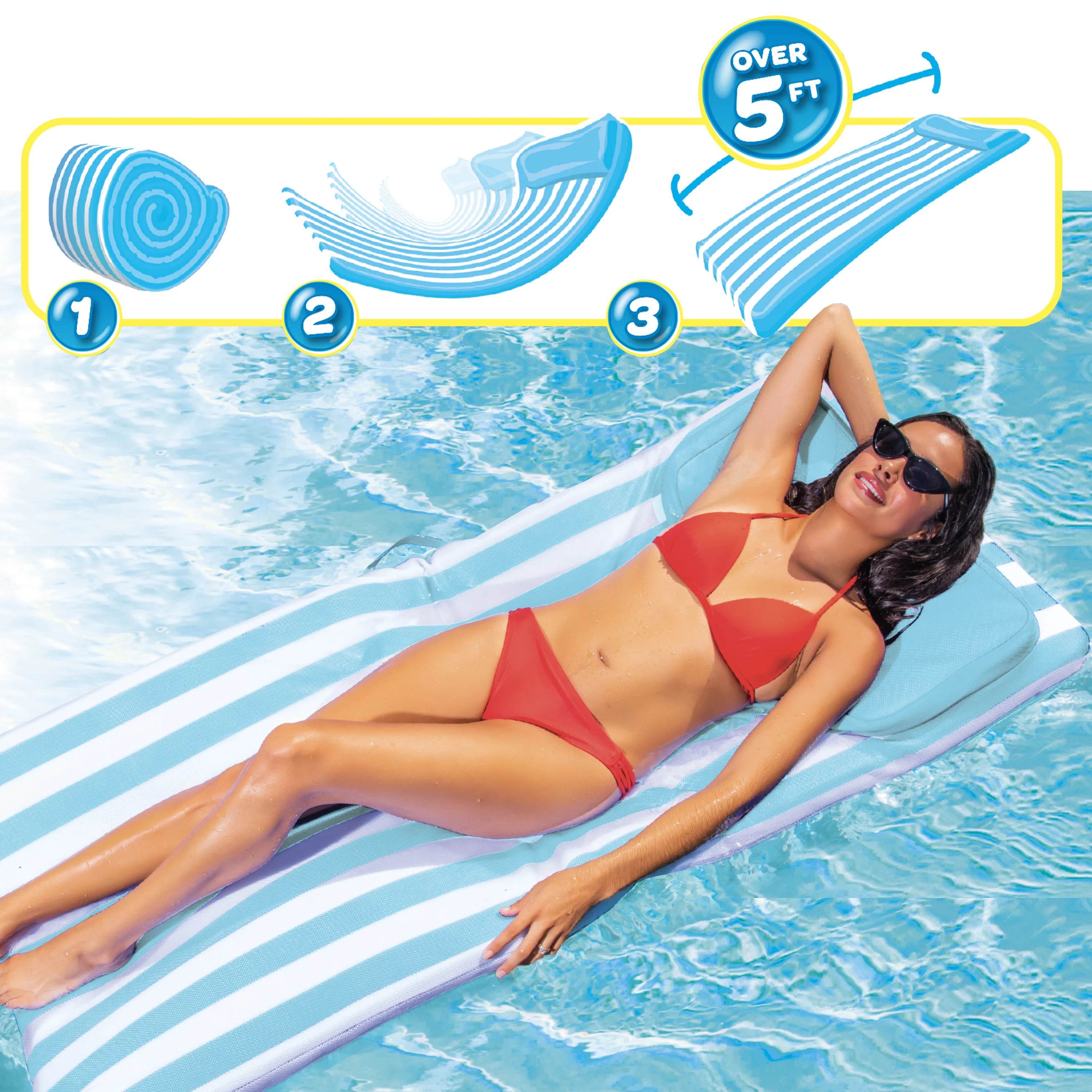 Comfy Floats Roll-up Pool Float Sun Bed with Pillow, Blue White, Adult, Unisex