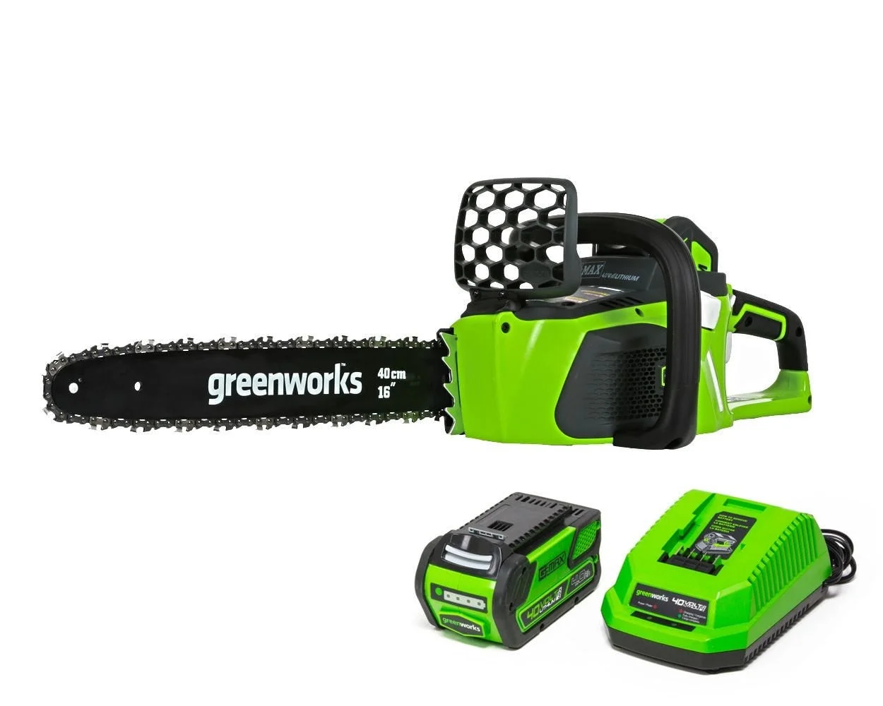 Greenworks 40V 16″ Cordless Brushless Chainsaw with 4.0 Ah Battery and Charger 20312