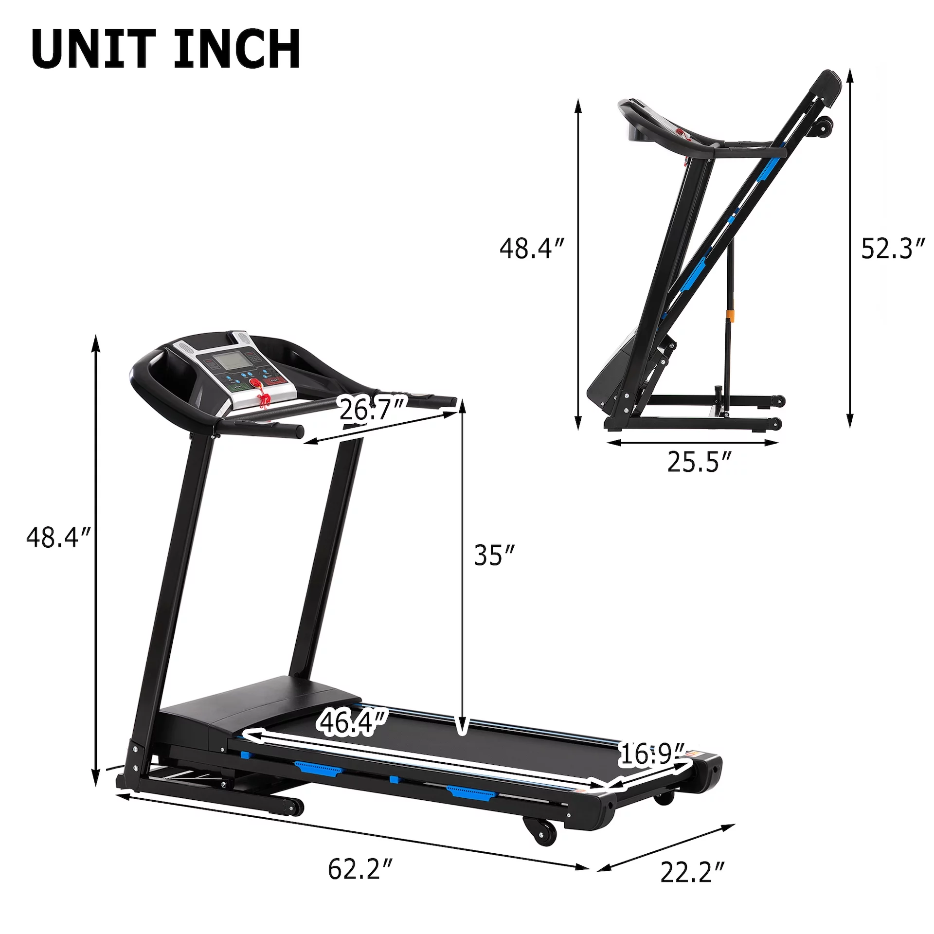 QILLIINN Electric Treadmill 3.25 HP Home Folding Treadmill with LCD Display, 12 Preset Programs Treadmill – 264 lbs.