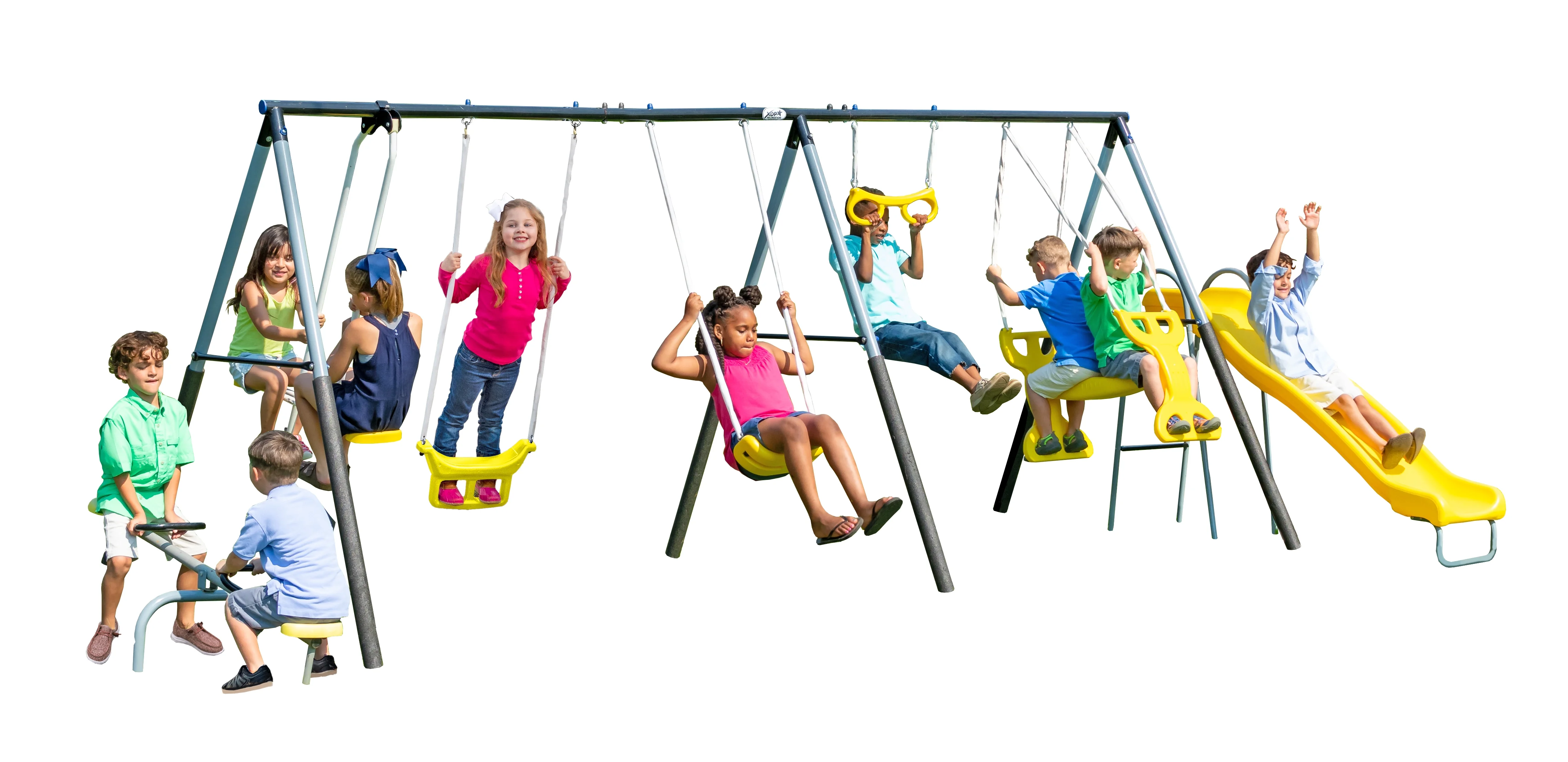 XDP Recreation Rising Sun Metal Swing Set with See Saw, Glider, Stand N Surf, Swing, Deluxe Trapeze, Fun Glider and Wave Slide